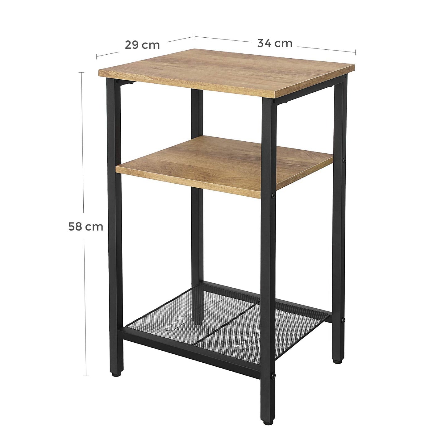 VASAGLE End, Side Table and Nightstand with 3 Shelves, Heavy-Duty Steel Frame, Living Room Bedroom, Easy Assembly, Honey Brown and Black LET201B05, 34 x 29 x 58cm With 2 Shelves