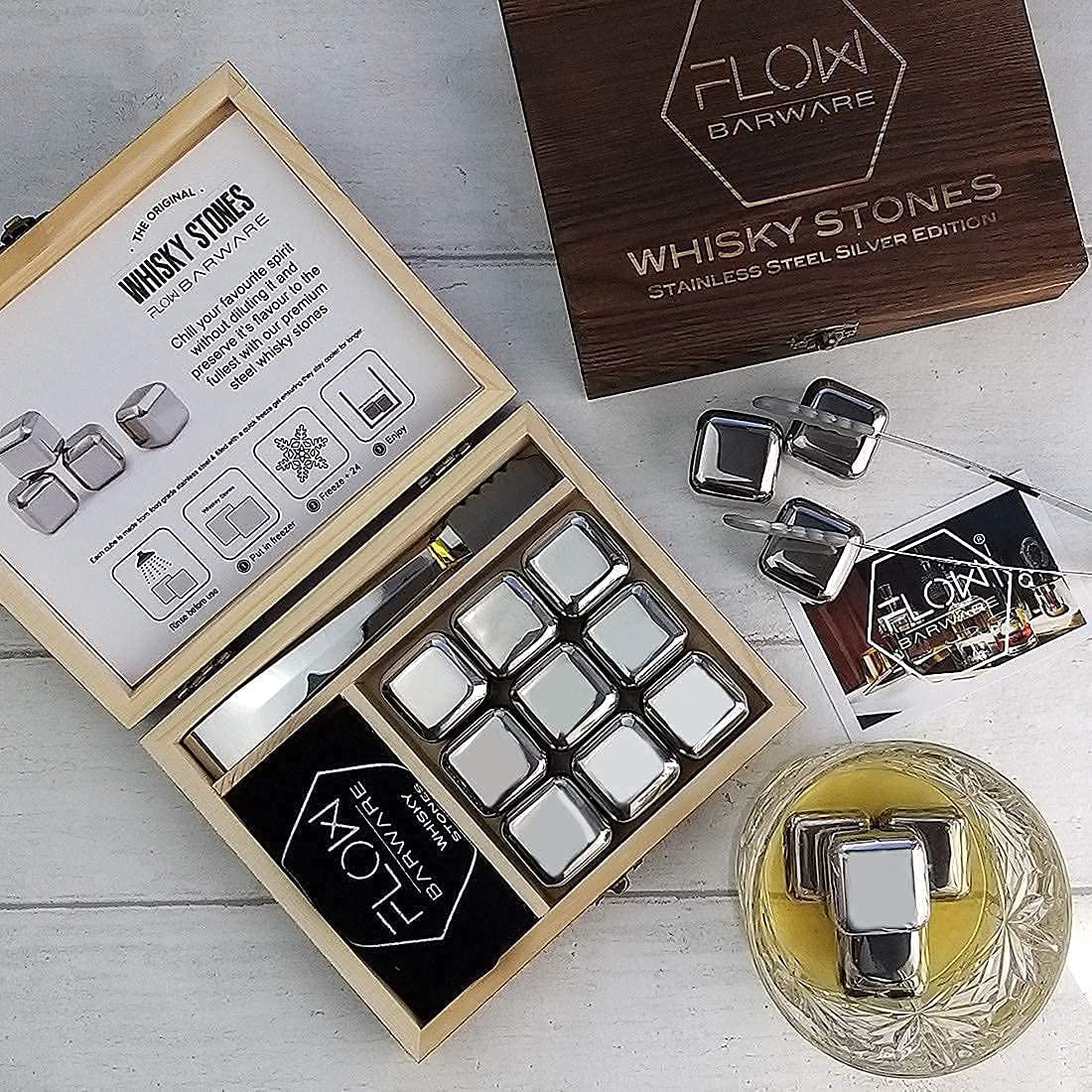 FLOW Barware Whisky Stones Gift Set | 9 Stainless Steel Whisky Stones | Whiskey Stone Gift for Dad | Whiskey Stone Gift Set with Wooden Box | Whiskey Stone with Storage Pouch | Silver