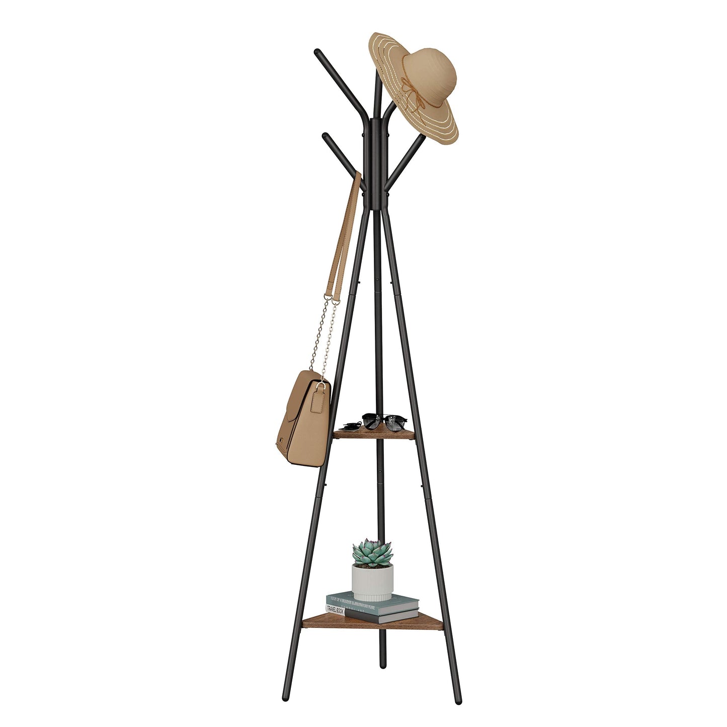 VASAGLE Rack Stand, Coat Tree, Hall Tree Free Standing, Industrial Style, with 2 Shelves, for Clothes, Hat, Bag, Hazelnut Brown and Black RCR016B01 Hazelnut Brown + Black