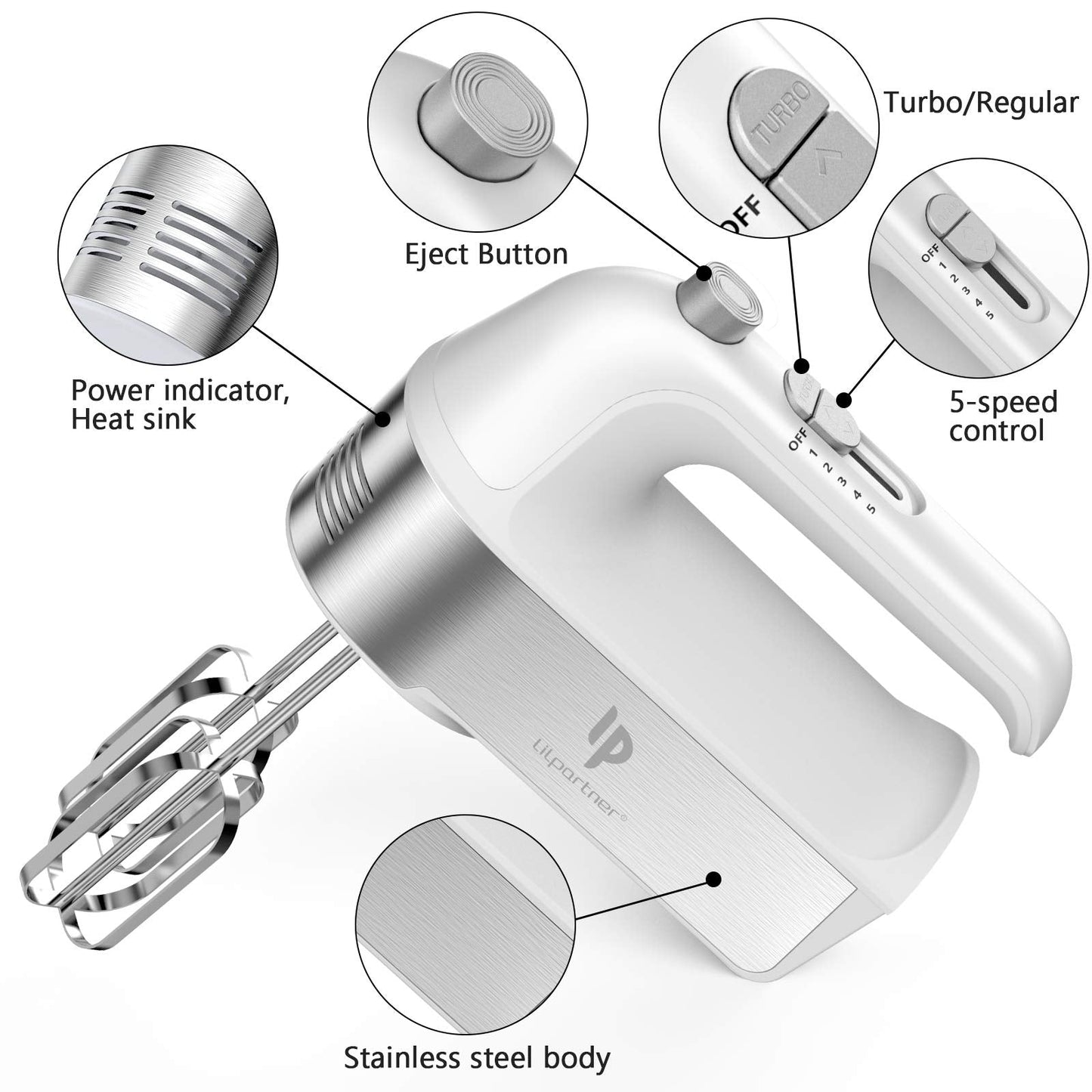 Hand Mixer Electric, 450W Kitchen Mixers with Scale Cup Storage Case, Turbo Boost/Self-Control Speed + 5 Speed + Eject Button + 5 Stainless Steel Accessories, For Easy Whipping Dough,Cream Silver