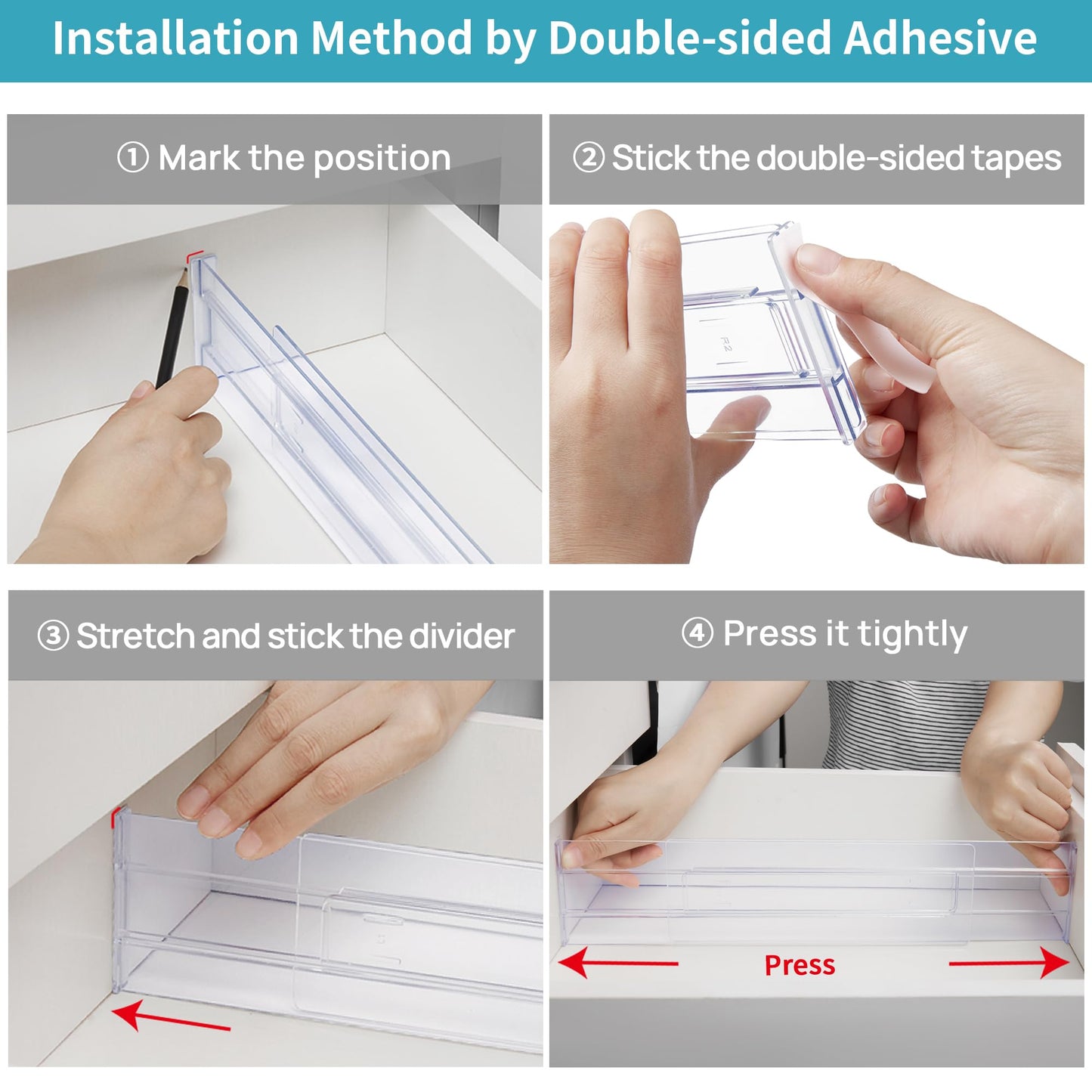 Vtopmart 8 Pack Drawer Dividers, 3.2" High Expandable from 12.2-21.7" Adjustable Drawer Organisers，Clear Plastic Drawers Separators for Clothing, Kitchen Utensils and Office Storage