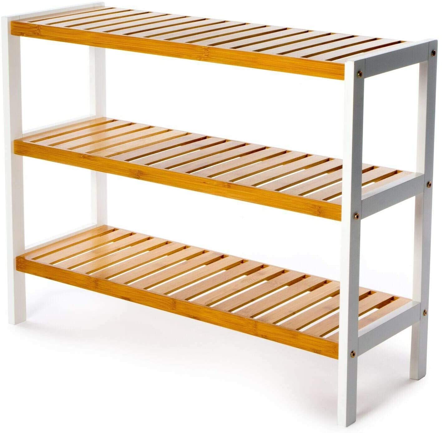 Vencier 3 Tier Bamboo Shoe Racks Storage Stand Shelf Organizer, 12 Pair of Shoes 70 x 26 x 55cms - Ideal of Corridor,Living Room, Bathroom, Bedroom or Hallway (Natural & White) Natural & White