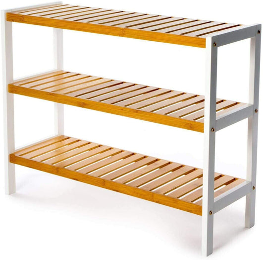 Vencier 3 Tier Bamboo Shoe Racks Storage Stand Shelf Organizer, 12 Pair of Shoes 70 x 26 x 55cms - Ideal of Corridor,Living Room, Bathroom, Bedroom or Hallway (Natural & White) Natural & White