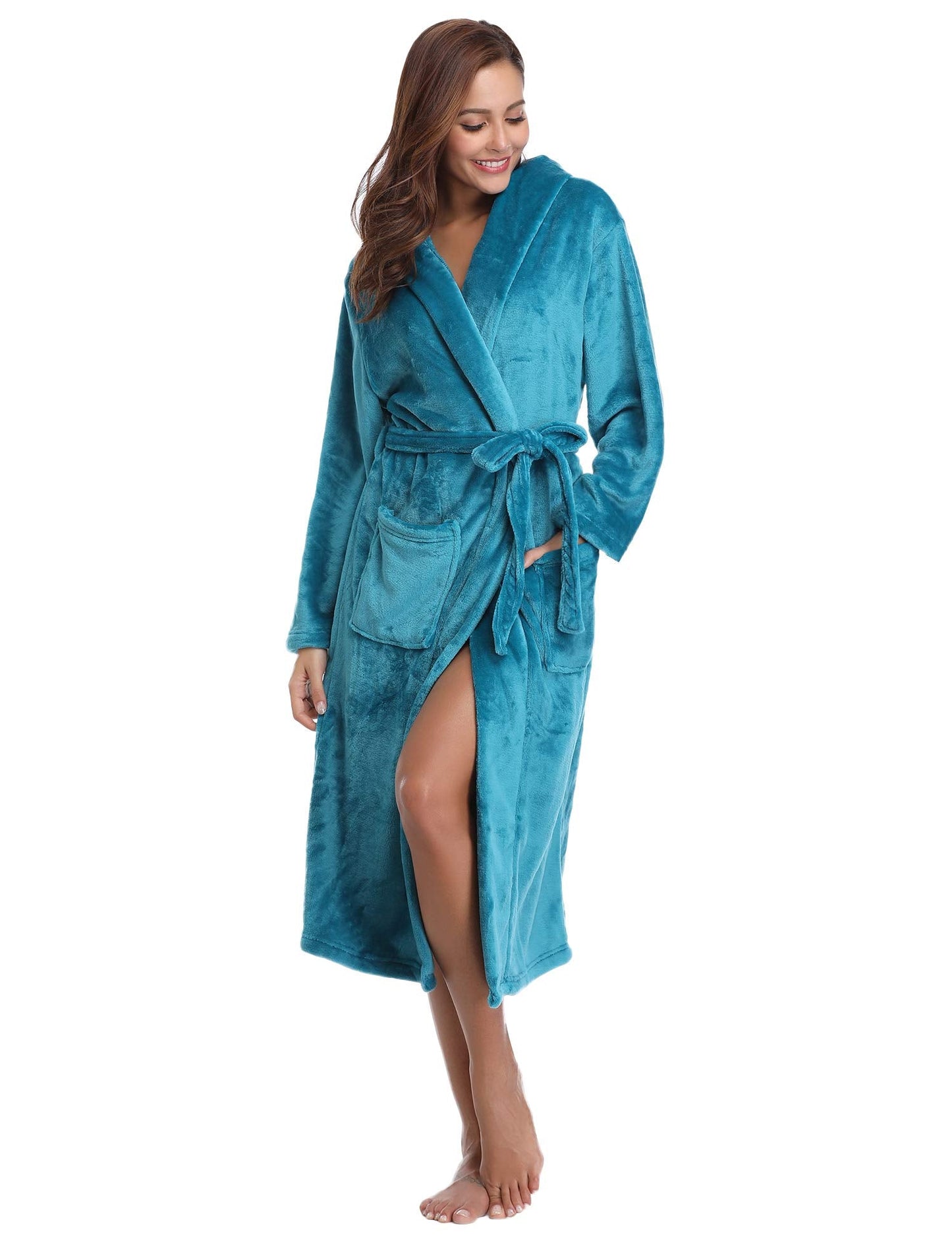 Vlazom Ladies Dressing Gown, Flannel Soft Robe Warm Fluffy Bathrobes with Hooded or Shawl Collar Long Robe for Cold Day Peacock Blue-with Hooded M