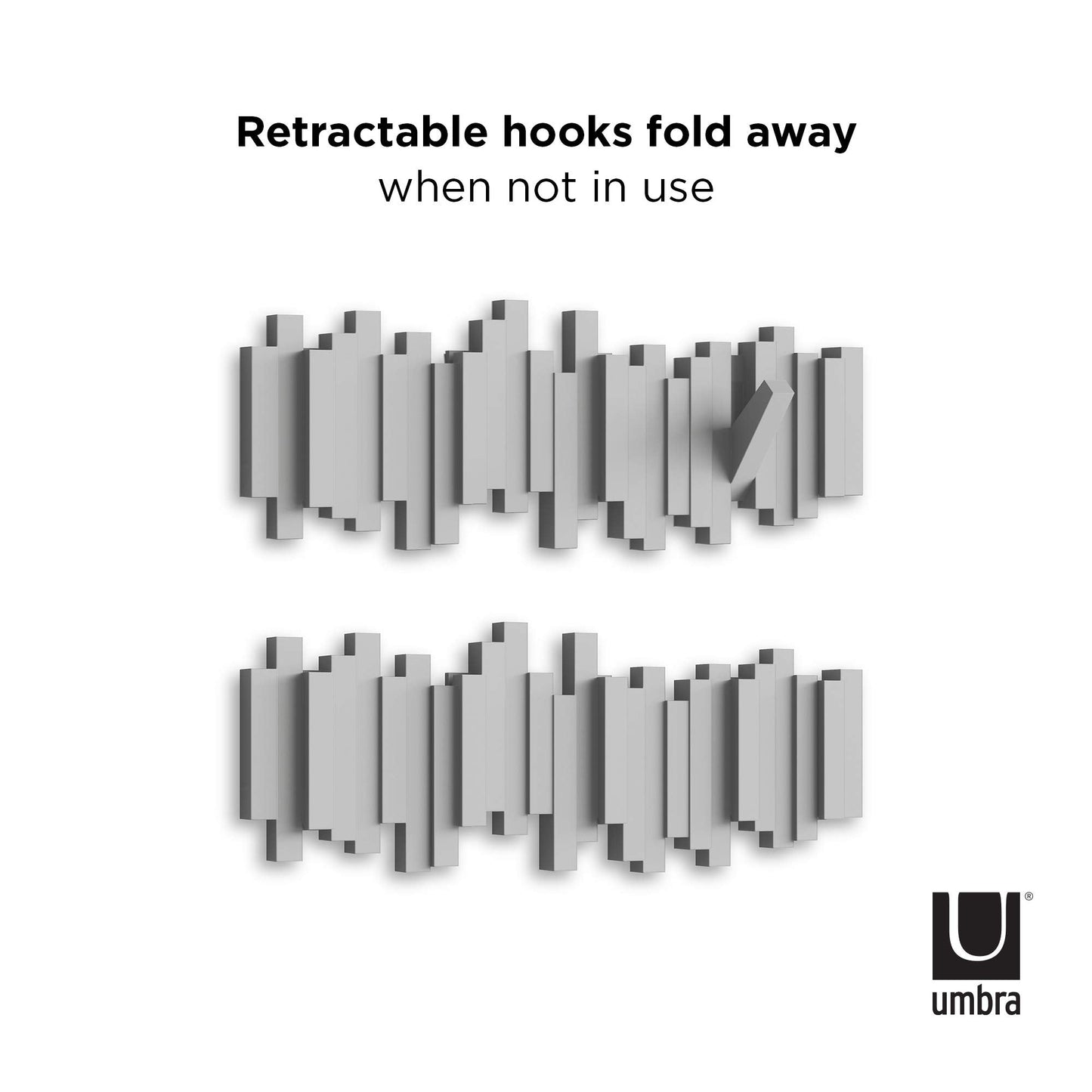 Umbra Sticks Multi Hook Coat Rack - Modern, Unique, Space-Saving Wall Mounted Coat Hanger with 5 Flip-Down Hooks for Hanging Coats, Scarves, Purses and More, Grey