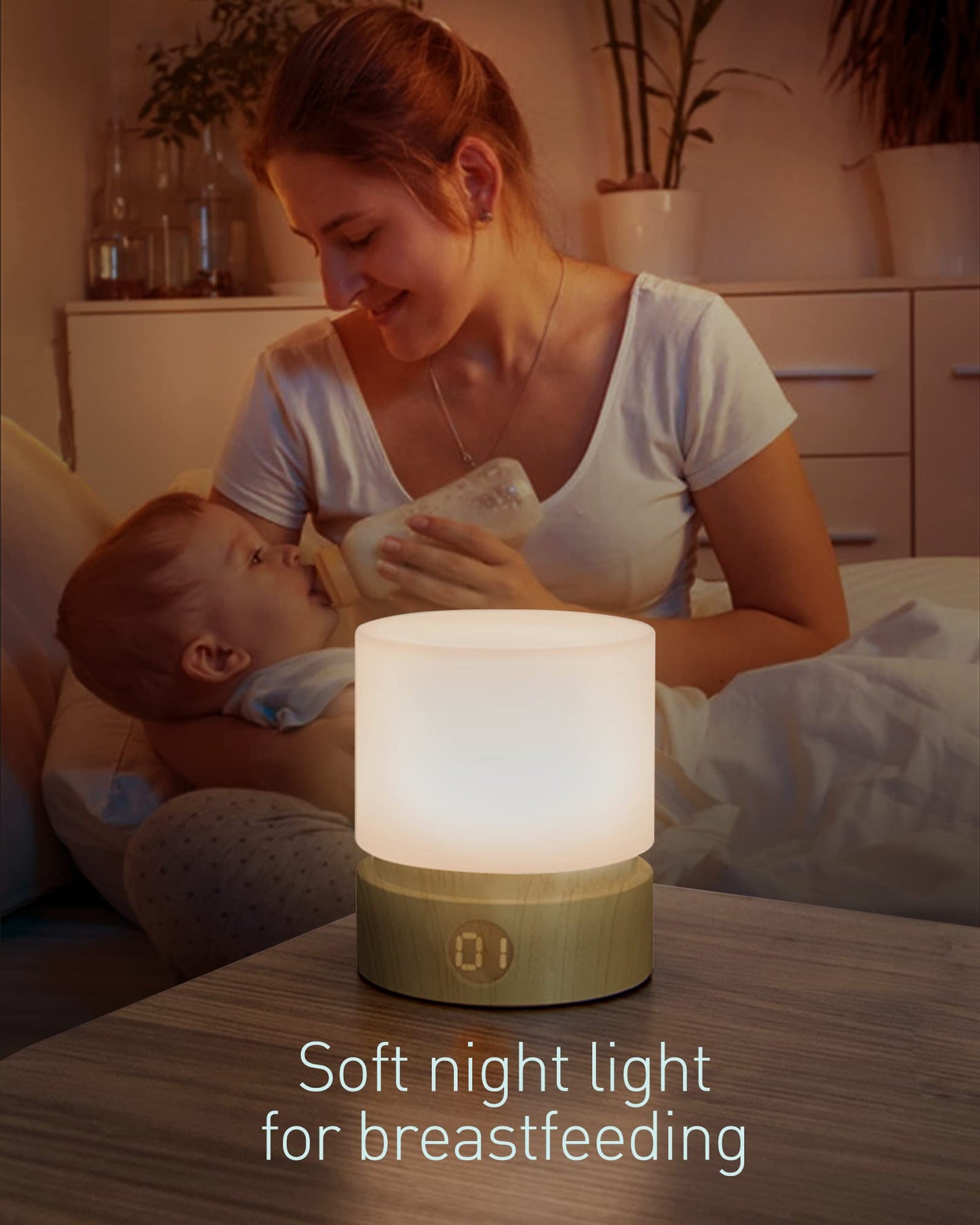 Smilodon Timer Night Light, Small LED Bedroom Lamp, Bedside Table Lamp, Night Light Kids, Baby Breastfeeding, Woodgrain, Dimmable, Battery Operated, Warm Mood Light Color Wood Grain Regular