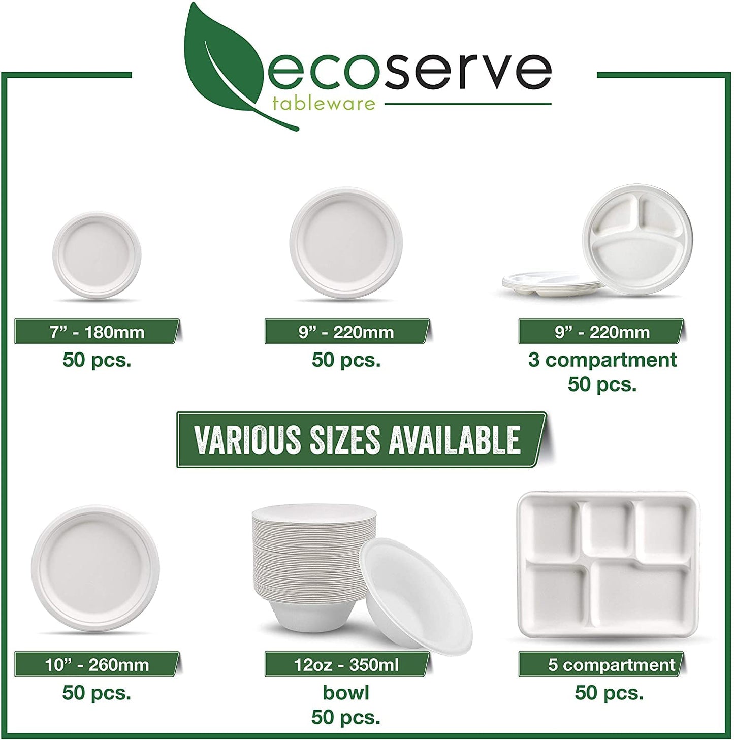 ecoserve tableware Paper Plates | White Bagasse Plates | Eco-Friendly, Biodegradable, and Compostable | Perfect for Picnics, BBQs, and Parties | 9 Inch 50 Plates