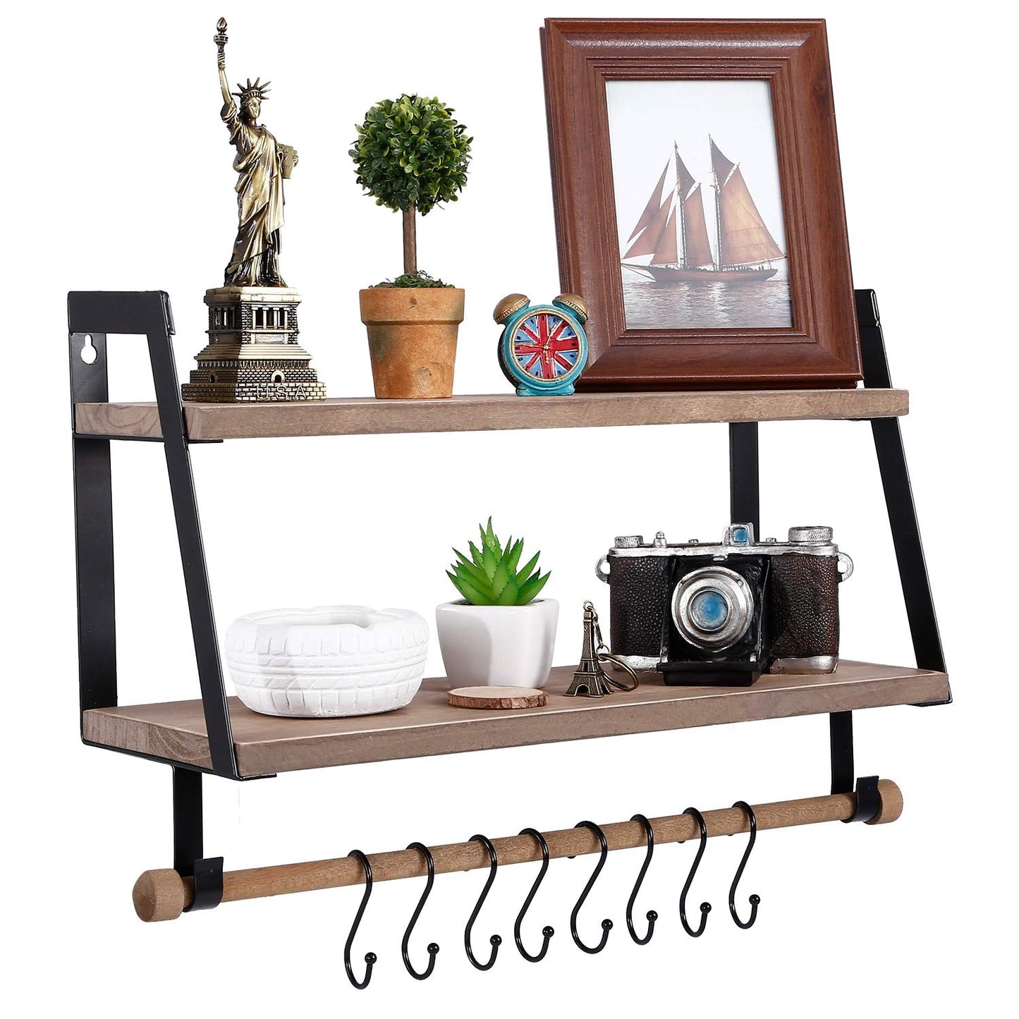 Vencipo 2-Tier Floating Shelves Wall Mount for Kitchen Spice Rack with 8 Hooks Storage, Rustic Farmhouse Wood Wall Shelf for Bathroom Décor with Towel Bar. Carbon Black