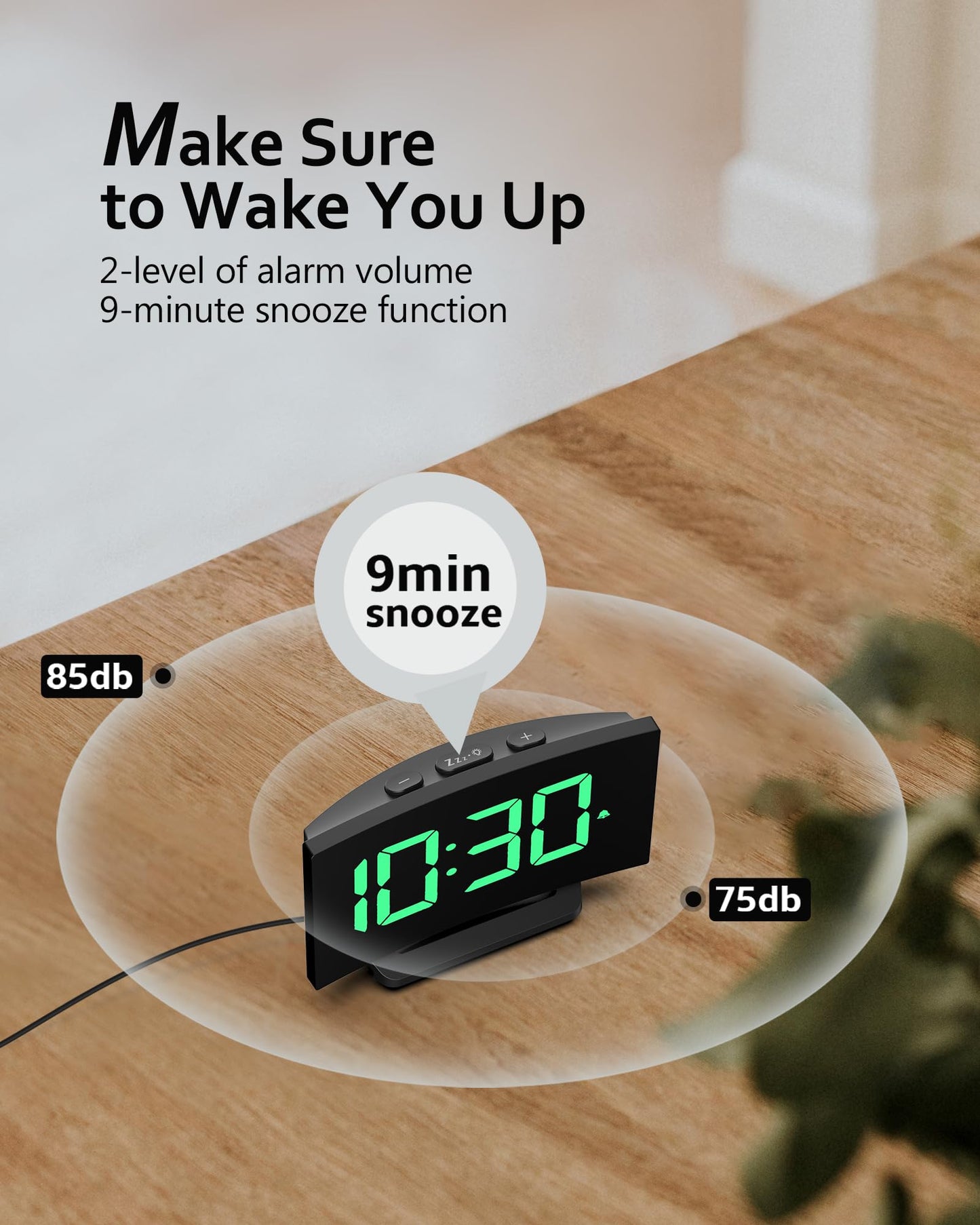 GOLOZA Digital Alarm Clock for Bedrooms, with Modern Curved Design, Conspicuous Green LED Numbers, 6 Levels Brightness, 2 Volume, 3 Tones, Snooze, Power-Off Memory, 12/24H, Bedside 3#green Digit