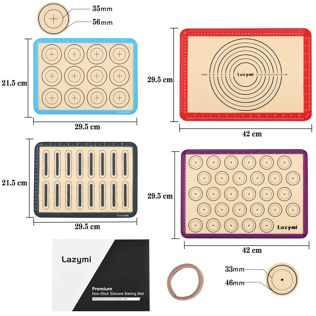 4 Piece Set Silicone NonStick Baking Mats Sheet with Measurement-Resuable Non-Slip Tray Liners, Pastry/Macaron/Cake/Cookie/Bread Making, Fit for Table Mat Counter Mat (Red, Purple, Blue, Grey) Red Purple Blue Grey 42x30cm + 29.5x21.5cm