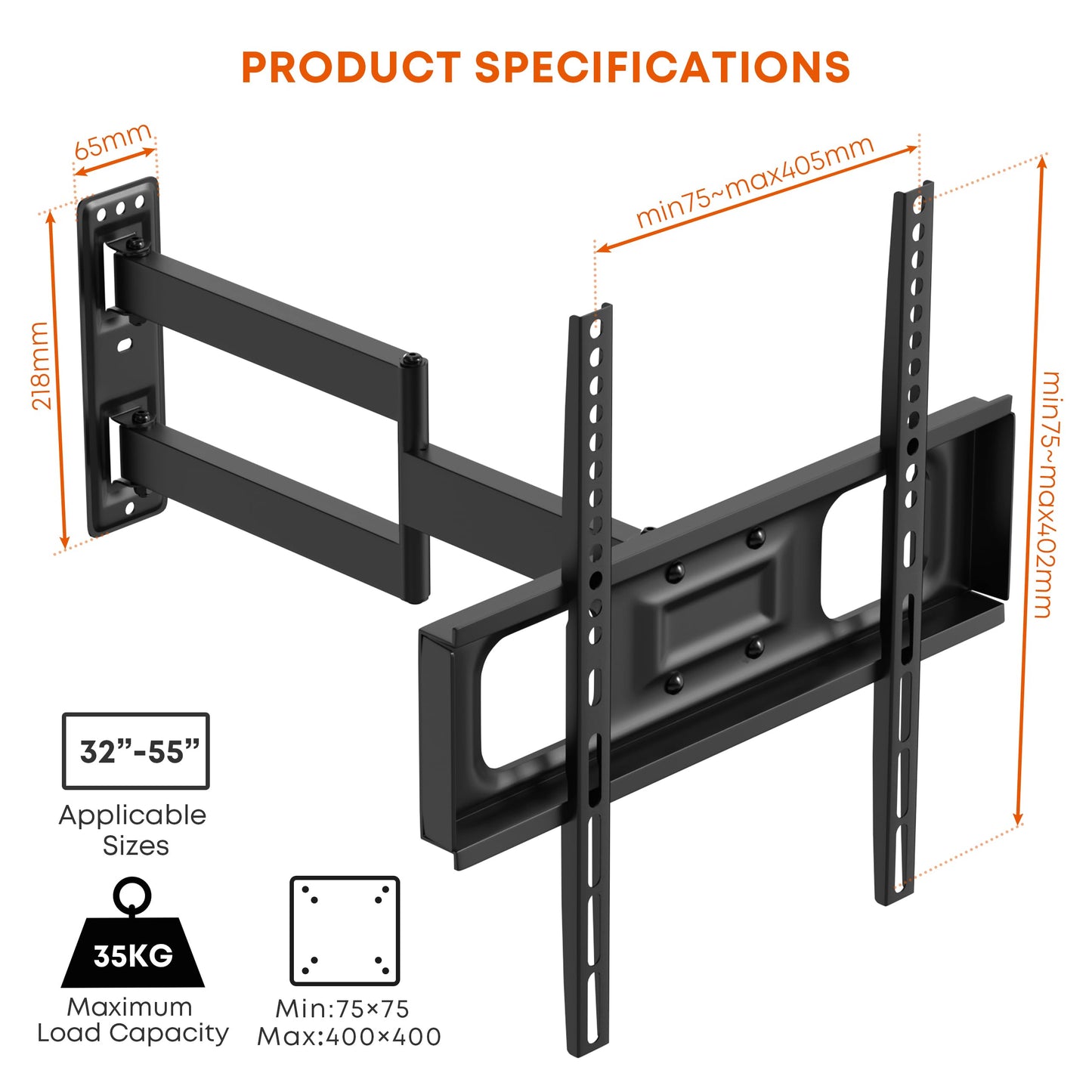 PUTORSEN TV Wall Bracket Mount Swivel and Tilt for Most 32-55 Inch LED, LCD, OLED and Plasma Flat Screen TVs up to VESA 400x400mm and 35 kg, Full Motion TV Bracket TWM29-443