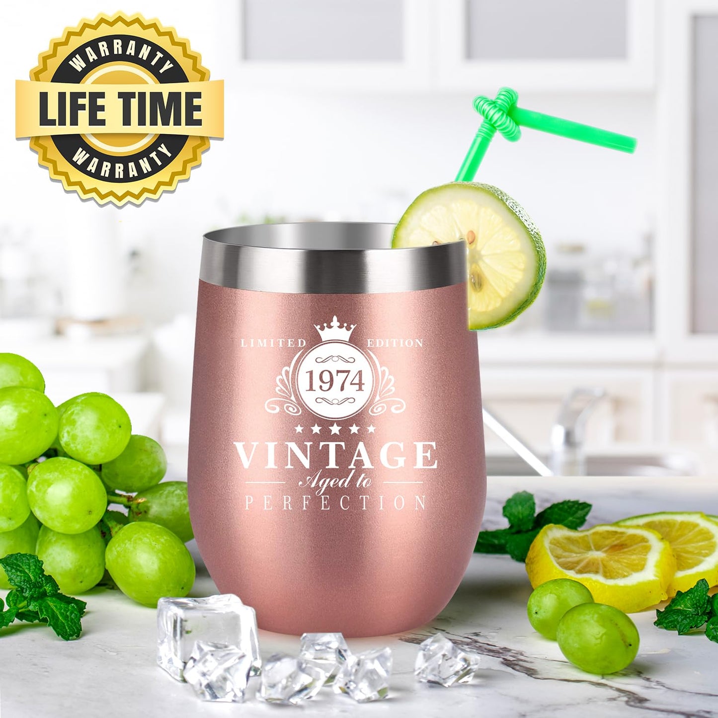 1974-50th Birthday Gifts for Women, 12oz Stainless Steel Wine Tumbler, Reusable Travel Mug Double Wall Vacuum Cup with Lid, Ideas Gifts for Her, Mom, Dad, Wife, Husband, Rose Gold 50th 1974 Vintage - Rose Gold