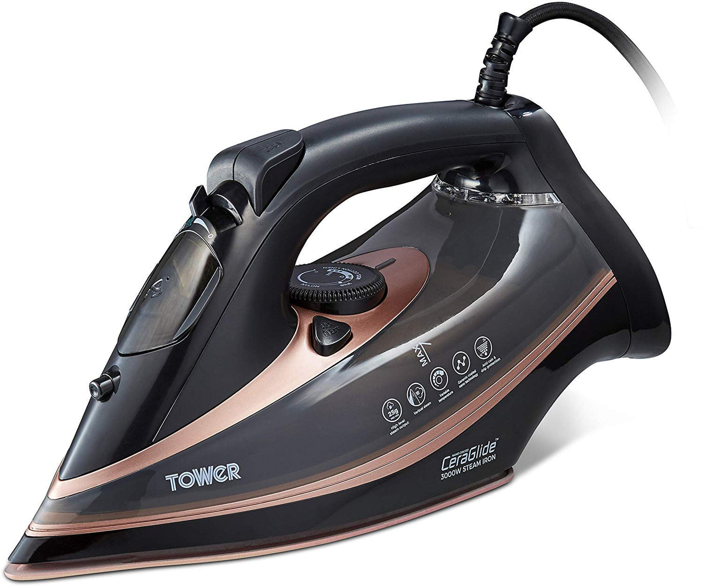 Tower T22013 CeraGlide Steam Iron, Ceramic Sole Plate, 3100 W, Rose Gold and Black.