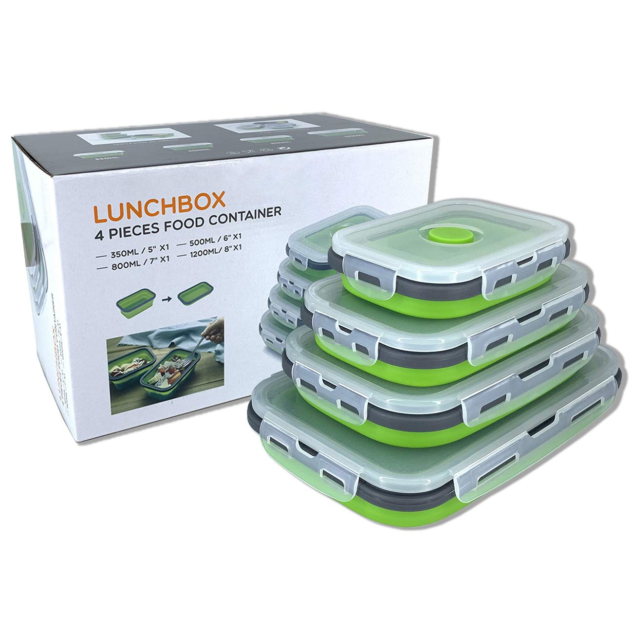 Collapsible Silicone Food Storage Container with Lid, Portable Lunch Bento Box Outdoor Picnic Box Space Saving, Microwave, Dishwasher and Freezer Safe, Set of 4(Green) Green