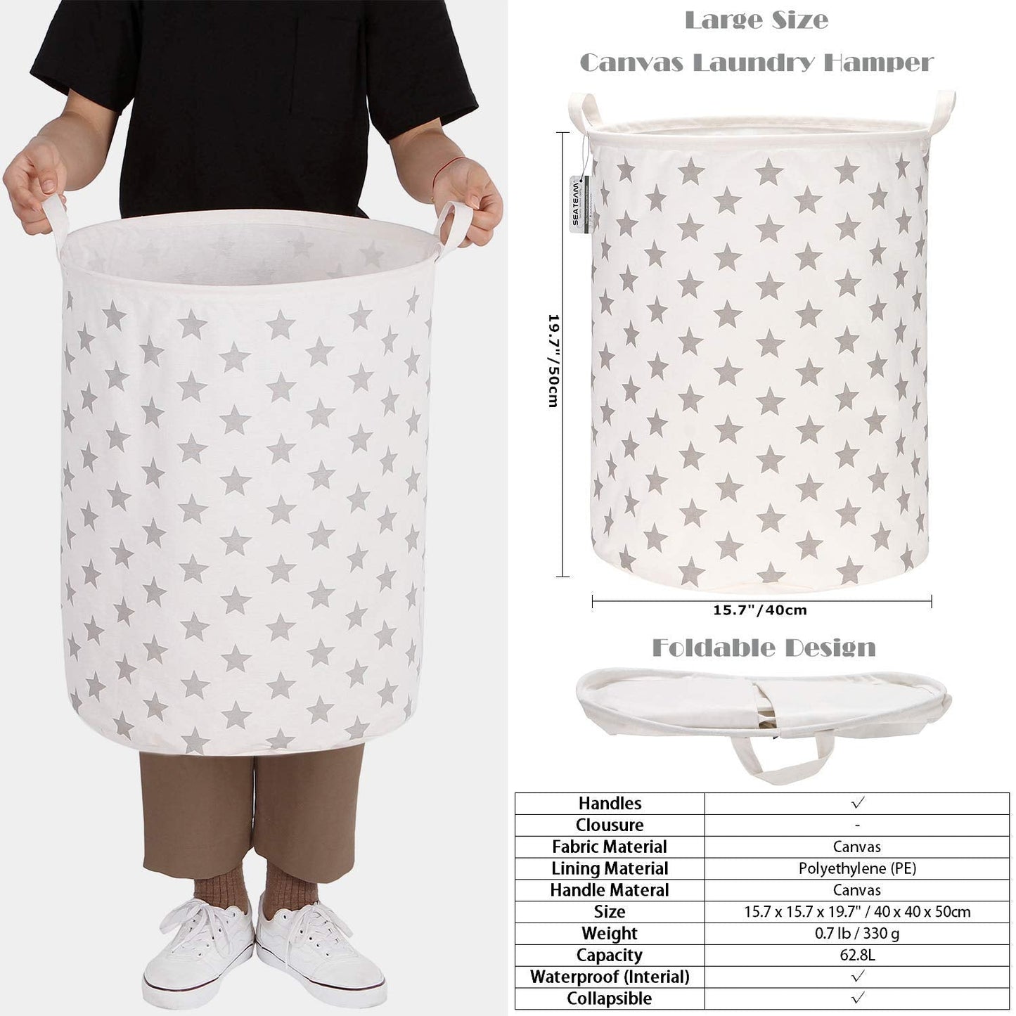 Sea Team 19.7 Inch Large Sized Waterproof Coating Ramie Cotton Fabric Folding Laundry Hamper Bucket Cylindric Burlap Canvas Storage Basket with Stylish Grey Stars Design 1 Star Grey