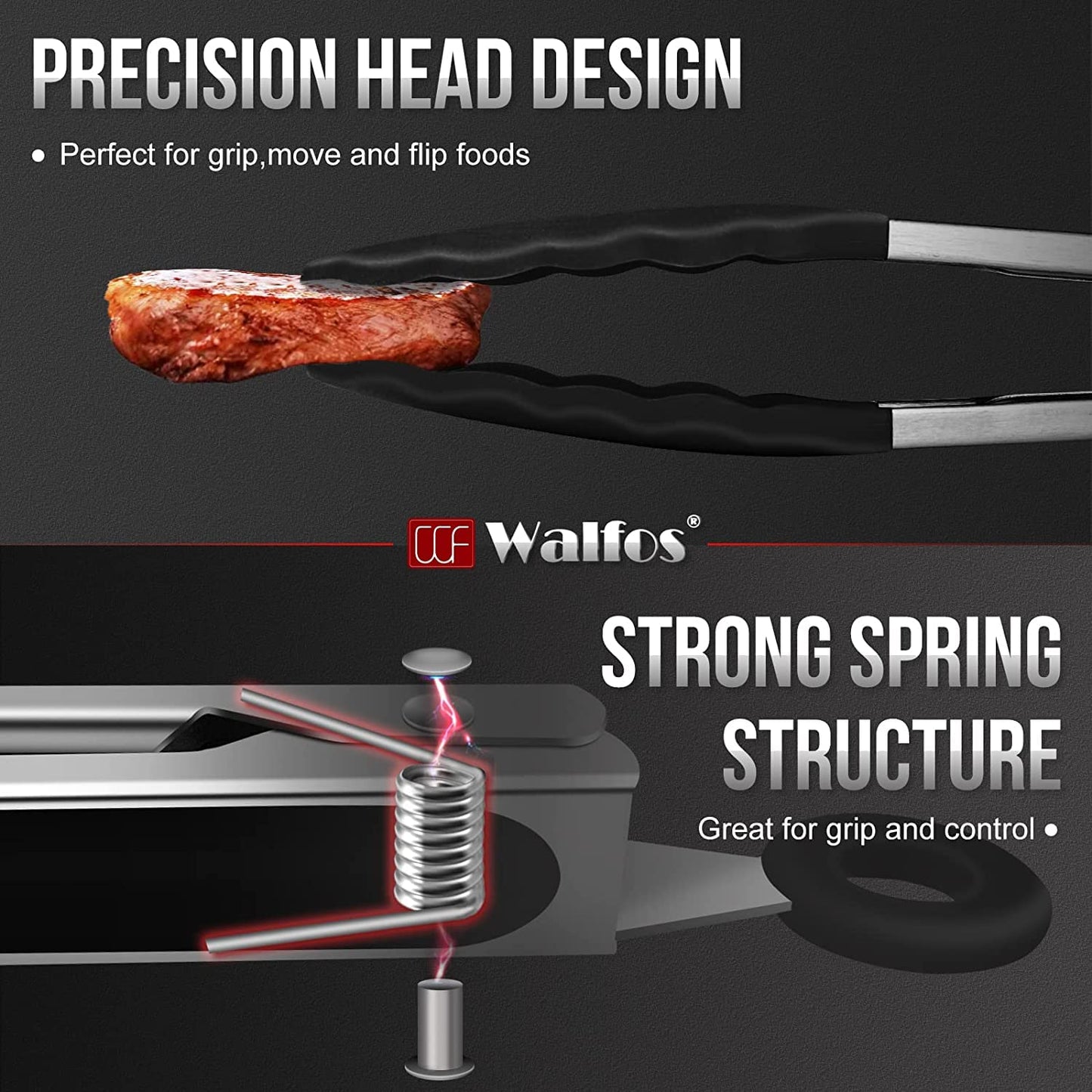 Walfos Kitchen Tongs - Heat Resistant 480℉ Silicone Tongs Set of 3, Thickened Stainless Steel and BPA Free Silicone Tips,Great for Cooking,Grilling,Turning,18cm/ 23cm/ 30cm Food Tongs (Black) 18+23+30cm Black 3pcs