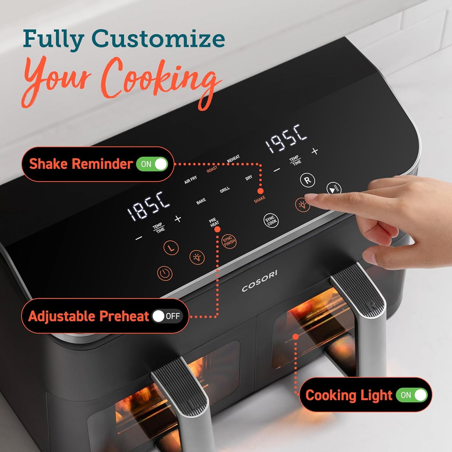 8.5L Dual Air Fryer | 8-in-1 | Sync Cook & Finish | Visible Windows | 2 Non-Stick Drawers + Accessories | Energy Efficient | 50+ Recipes | 35℃-230℃ | Dishwasher Safe