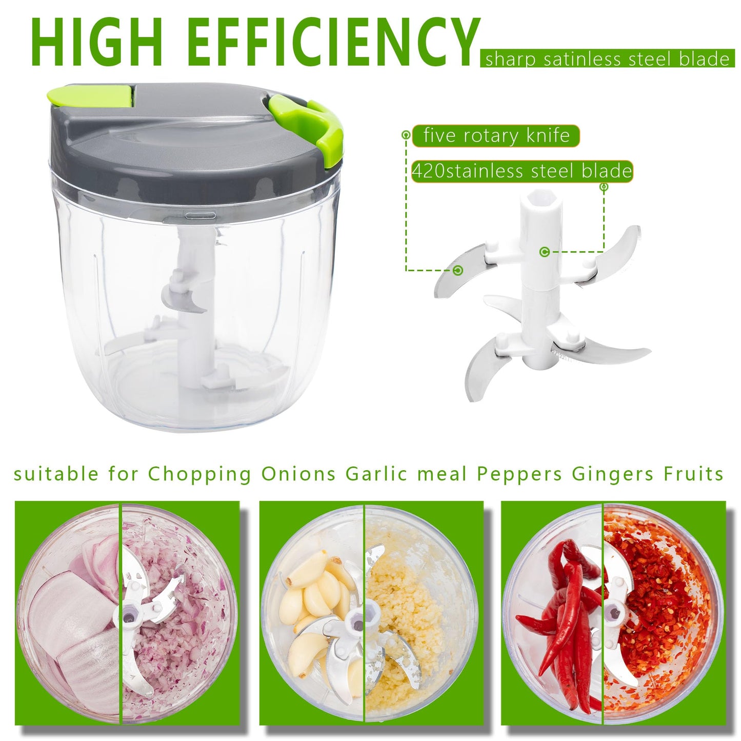 Sifenma Manual Food Processors & Chopper with Cover and Handle, Manual Onion Chopper Slicer Cutter, Vegetable Chopper, Suitable for Garlic Carrots Onions Peppers Fruits Mincing.（900ML） 900ML Green