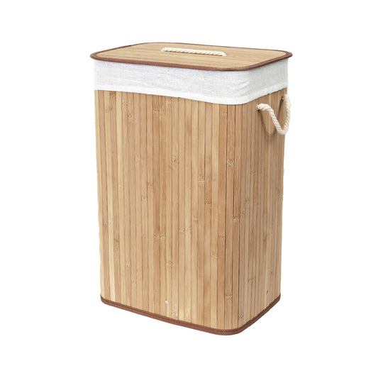 Compactor Bamboo Laundry Basket with Lid, Foldable Washing Hamper for Storing Clothes and Linen in Bedrooms and Bathrooms, Removable Liner and Rope Handles, Natural Brown Square