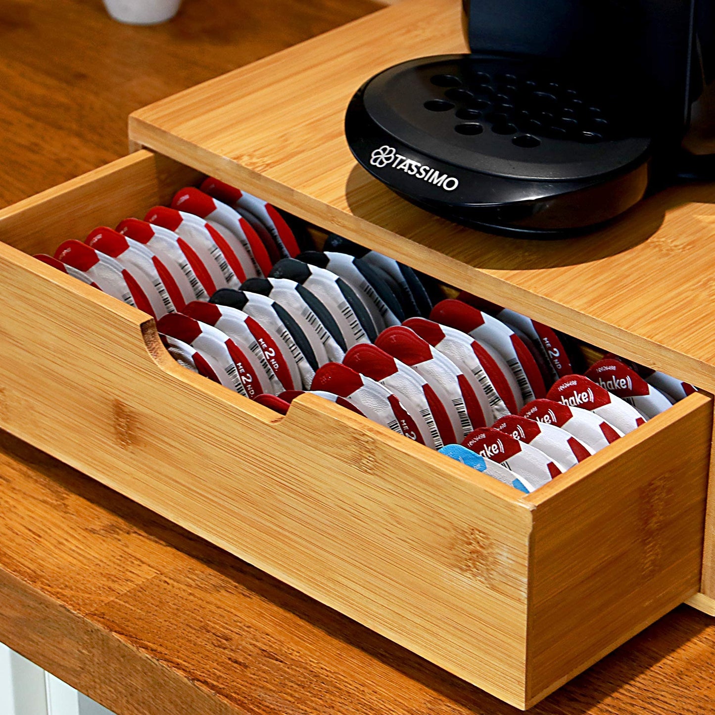 Bamboo 64 Coffee Pod Drawer | Tassimo Pod Compatible | Coffee Machine Stand | Pod Drawer Dispenser | Wooden Kitchen Storage for Coffee & Tea | M&W