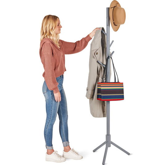 High-Grade Wooden Tree Coat Rack Stand, 6 Hooks - Super Easy Assembly NO Tools Required - 3 Adjustable Sizes Free Standing Coat Stand, Hallway Coat Hanger Hat Stand, for Handbag, Clothes & Accessories Grey