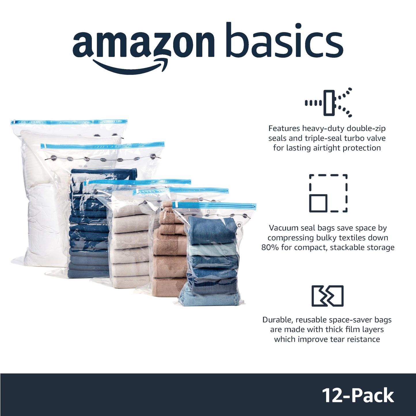 Amazon Basics Vacuum Compression Zipper Storage Bags with Airtight Valve and Hand Pump, 3x (Jumbo, Large, Medium, Small), 12-Pack, Multiple, Clear Single