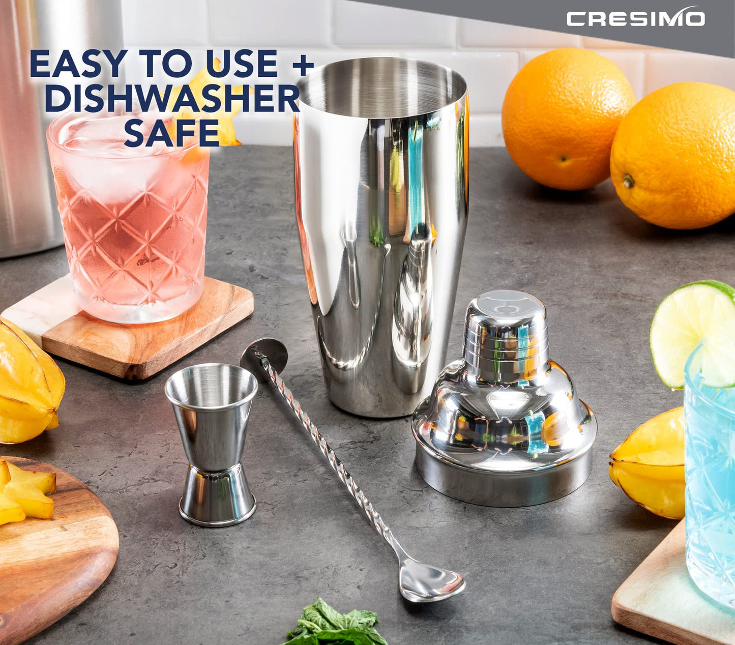 750mL Cocktail Shaker Set: 3pc Cocktail Making Set with Built-In Cocktail Strainer, Measuring Jigger Cocktail Spoon & Cocktail Kit Book - Stainless Steel Cocktail Set w/ Cocktail Shakers - Cresimo 710mL - 3pc Set