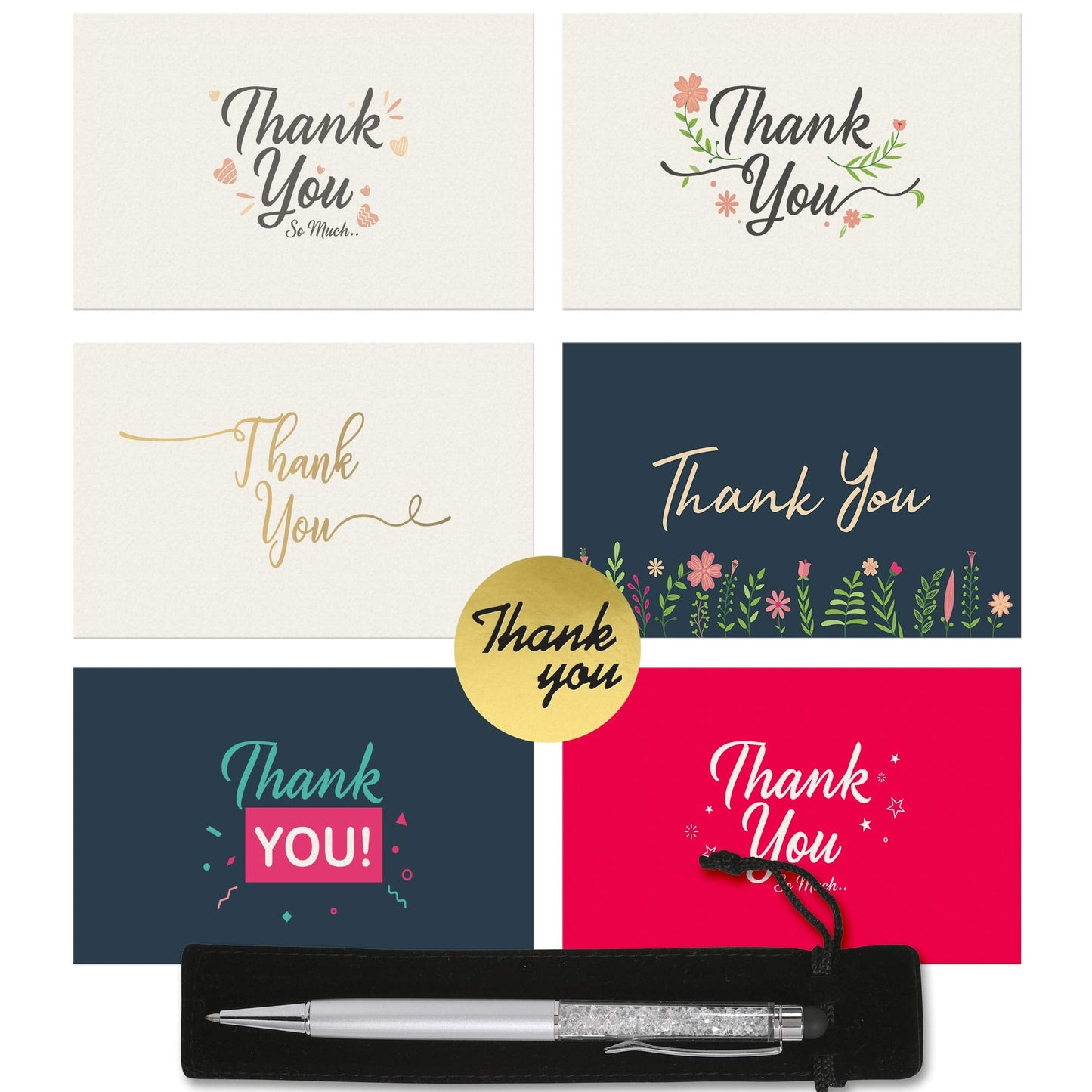 48 Thank You Cards Multipack - Thank You Notes with Envelopes and Bonus Silver Stylus Pen. ***Upgraded Envelopes With Glue Seals Included*** multicolored