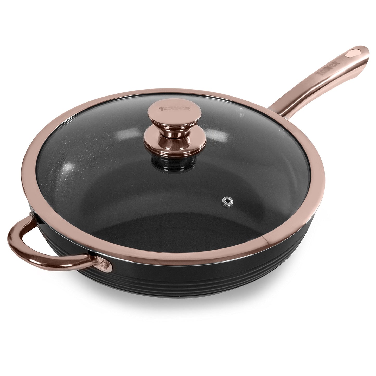 Tower T800003RB Linear Non Stick Induction Saute Pan With Lid, Bonded Stainless Steel Base, Black And Rose Gold, 28 cm Single