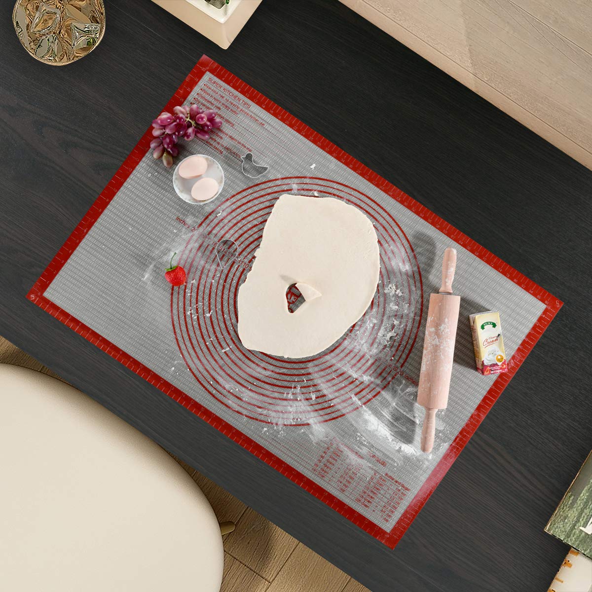 Super Large Non-Slip Silicone Pastry Mat with Measurements 91.4 × 61 cm for Baking Mat, Counter Mat, Dough Rolling Mat, Kneading/Place Mats, Fondant/Pie/Pizza/Bread Mat by Super Kitchen (Red) Red 91.4×61