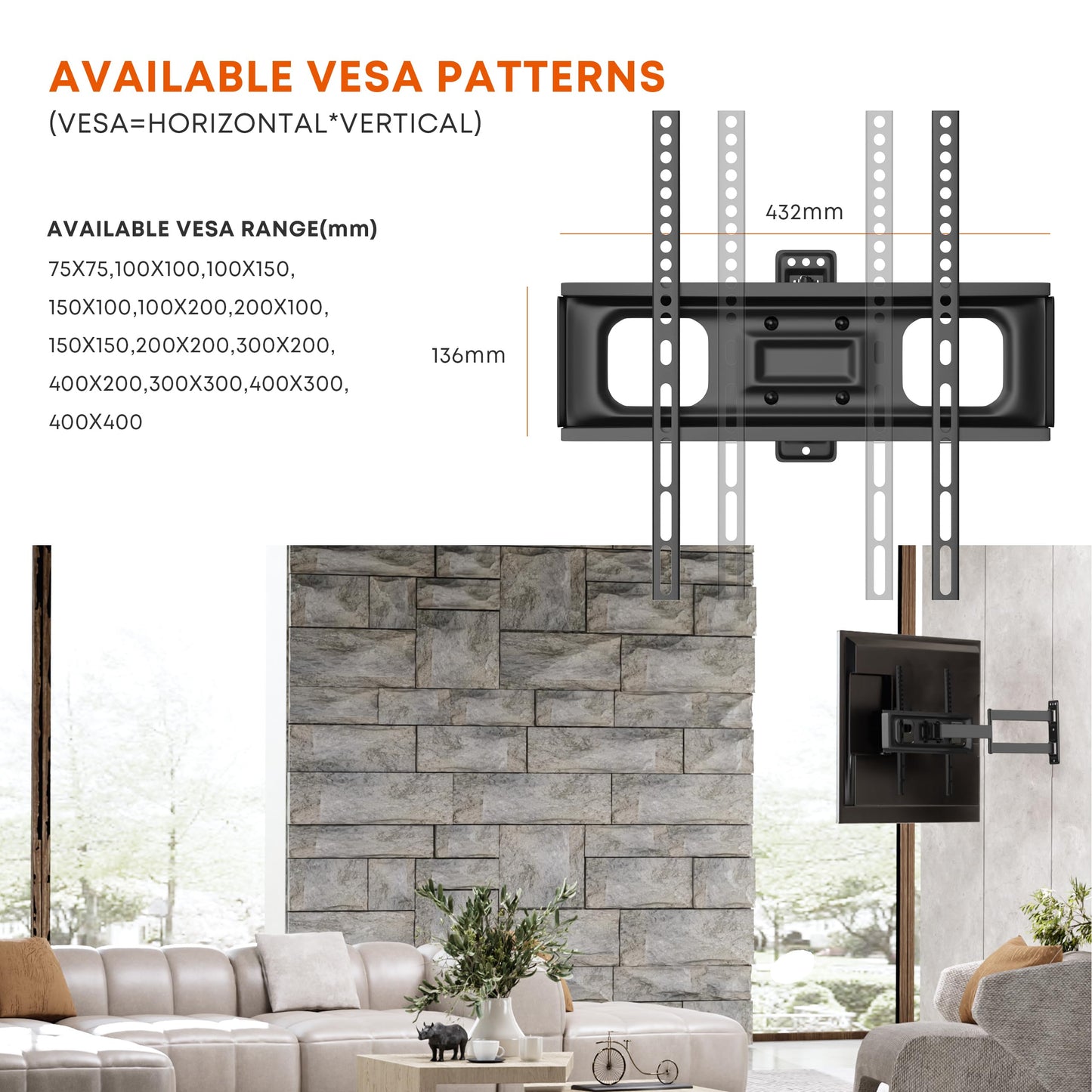 PUTORSEN TV Wall Bracket Mount Swivel and Tilt for Most 32-55 Inch LED, LCD, OLED and Plasma Flat Screen TVs up to VESA 400x400mm and 35 kg, Full Motion TV Bracket TWM29-443