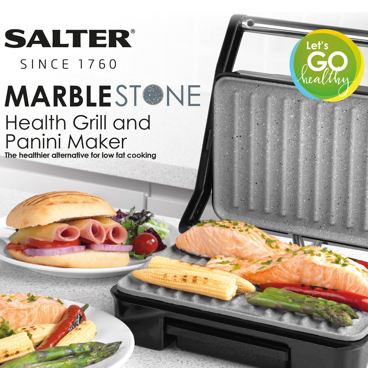 Salter EK2009 Marblestone Electric Health Grill & Panini Press - Non-Stick Plates, Multifunctional Healthy Cooking For Toasted Sandwiches, Kebabs, Steak, Meat, Automatic Temperature Control, 750W