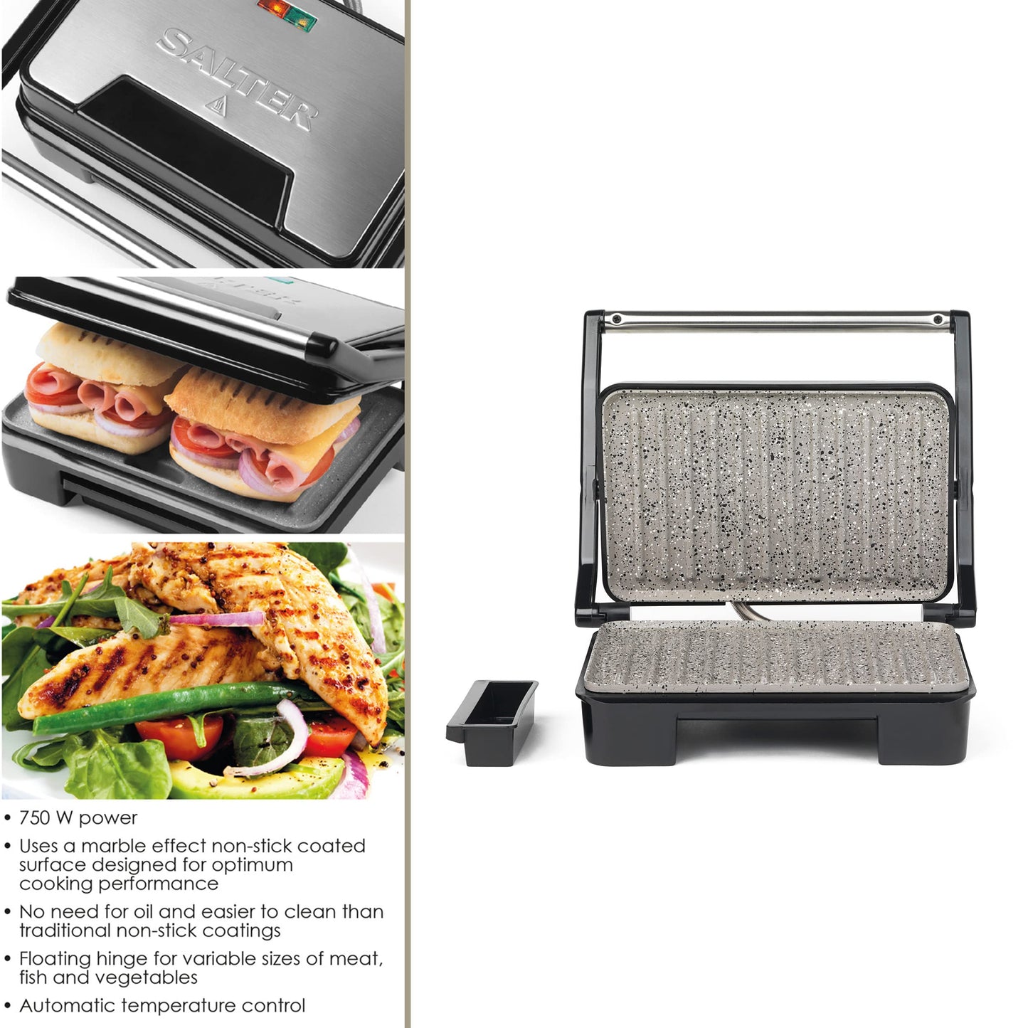 Salter EK2009 Marblestone Electric Health Grill & Panini Press - Non-Stick Plates, Multifunctional Healthy Cooking For Toasted Sandwiches, Kebabs, Steak, Meat, Automatic Temperature Control, 750W