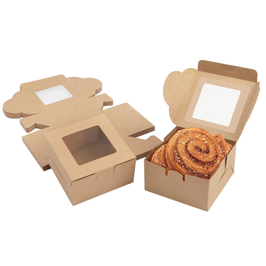 BELLE VOUS Brown Paper Kraft Single Bakery Pastry Boxes with Windows (50 Pack) - 10.16 x 10.16 x 5.7cm/ 4 x 4 x 2.24 inches - Disposable Packaging Boxes for Cookies, Cup Cakes, Desserts, Pies & Gifts