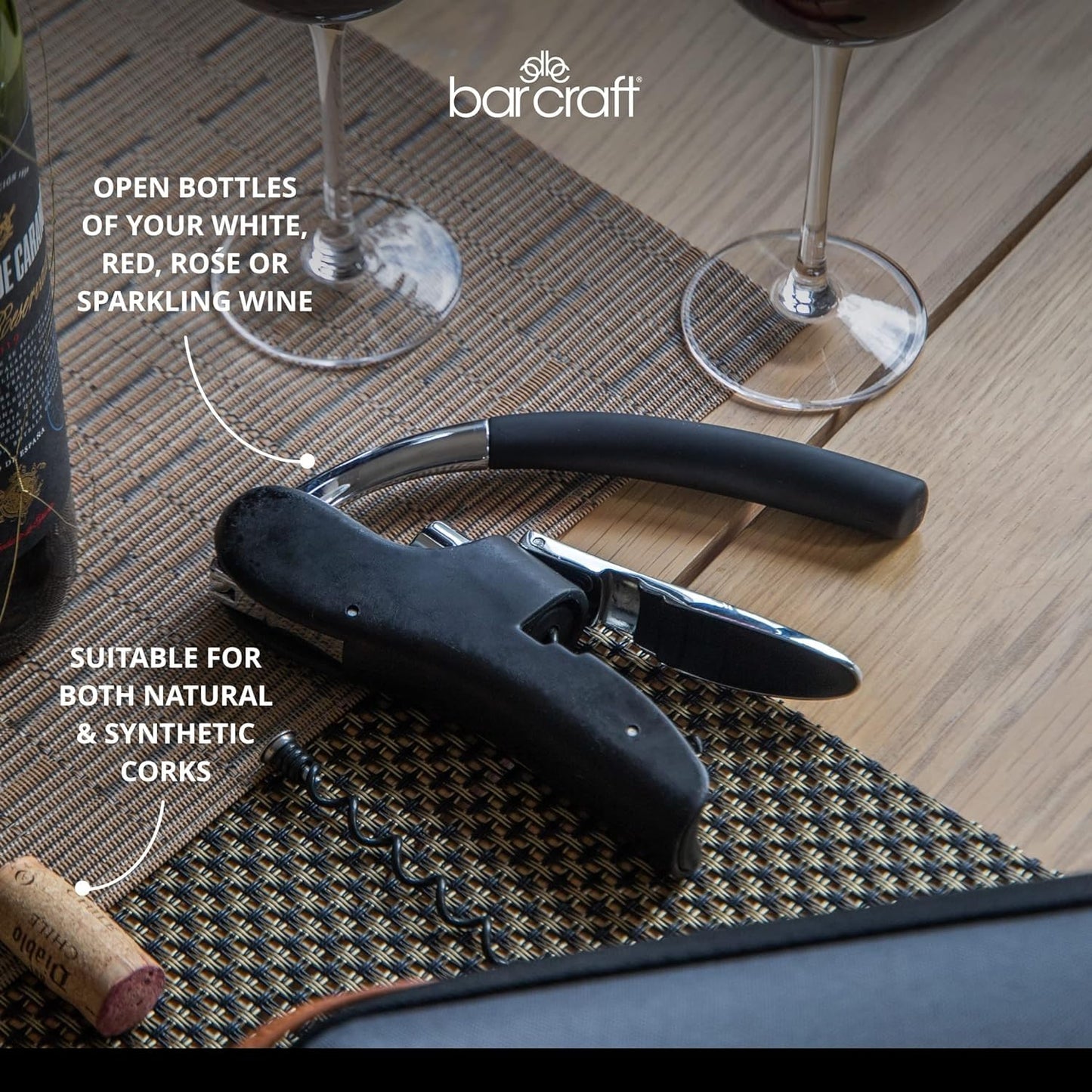 BarCraft Deluxe Corkscrew, Wine Bottle Opener with Built-in Foil Cutter, Black & Chrome