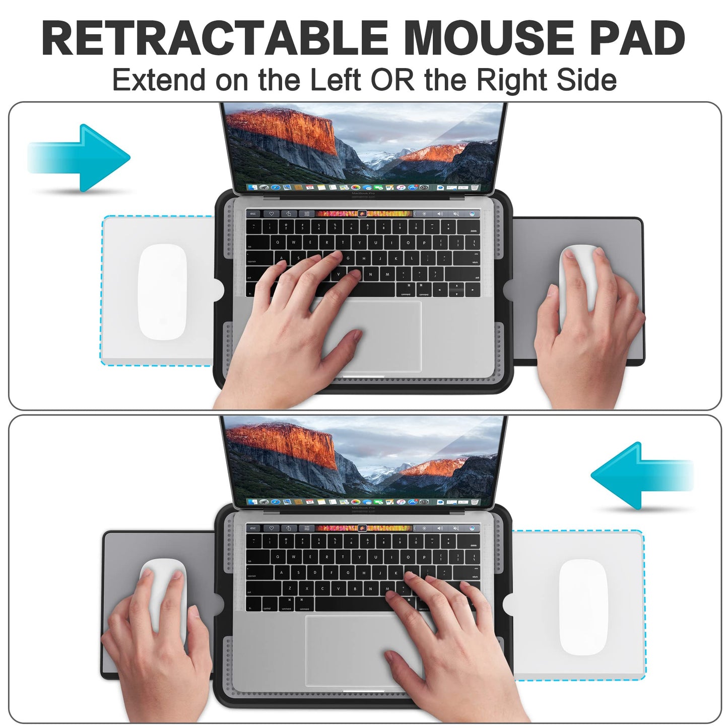 AboveTEK Portable Laptop Lap Desk w/Retractable Left/Right Mouse Pad Tray, Non-Slip Heat Shield Tablet Notebook Computer Stand Table w/Sturdy Stable Cooler Work Surface for Bed Sofa Couch or Travel Grey