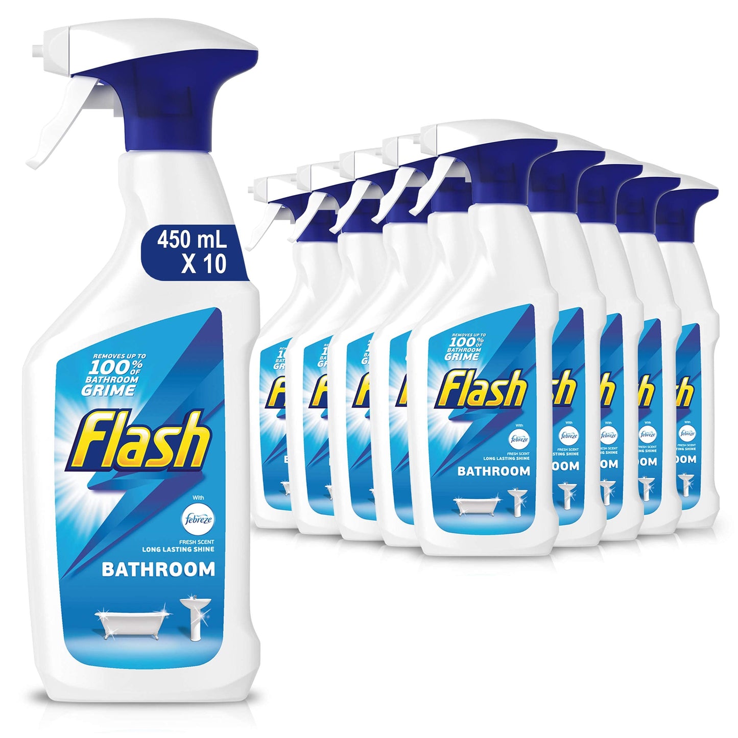 Flash Bathroom Cleaner Spray, Long Lasting Shine, Fresh, 4.5 Litres (450 ml x 10) 450 ml (Pack of 10)