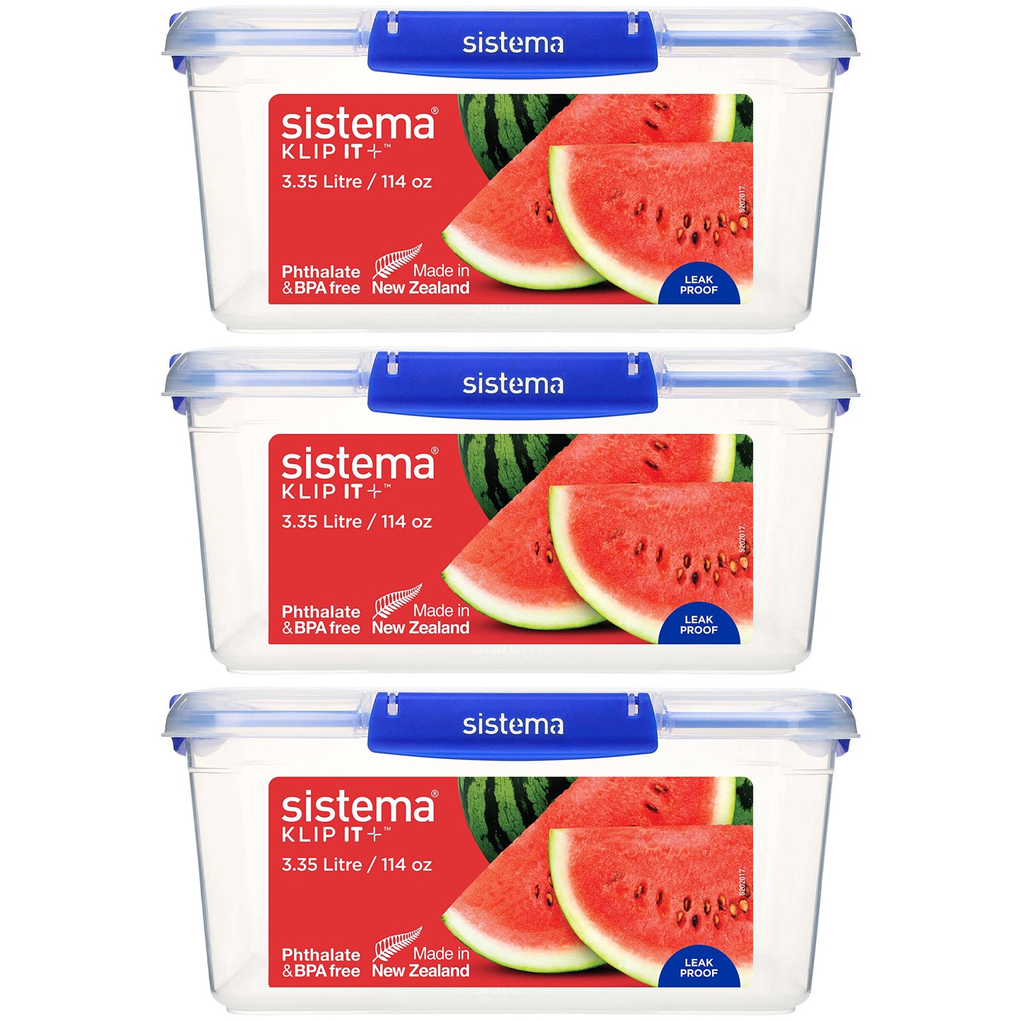 Sistema KLIP IT PLUS Food Storage Containers | 3.35 L | Leak-Proof, Stackable & Airtight Fridge/Freezer Containers with Lids | BPA-Free Plastic | Recyclable with TerraCycle® | Blue Clips | 3 Count 3.35L 3 Pack