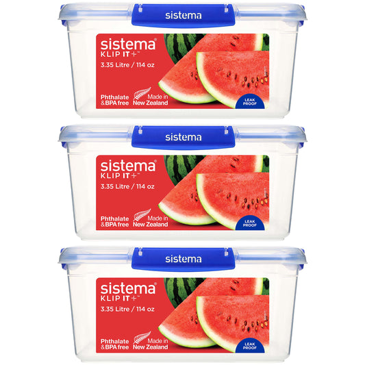 Sistema KLIP IT PLUS Food Storage Containers | 3.35 L | Leak-Proof, Stackable & Airtight Fridge/Freezer Containers with Lids | BPA-Free Plastic | Recyclable with TerraCycle® | Blue Clips | 3 Count 3.35L 3 Pack