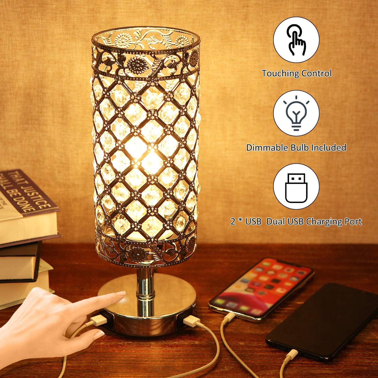 Tomshine Touch Control Crystal Bedside Lamp with Dual USB Port 3-Way Dimmable Table Lamp with E27 Glitter Lampshade for Bedrooms Living Room(LED Bulb Included) (Silver),LT132UK 1 Pack Silver