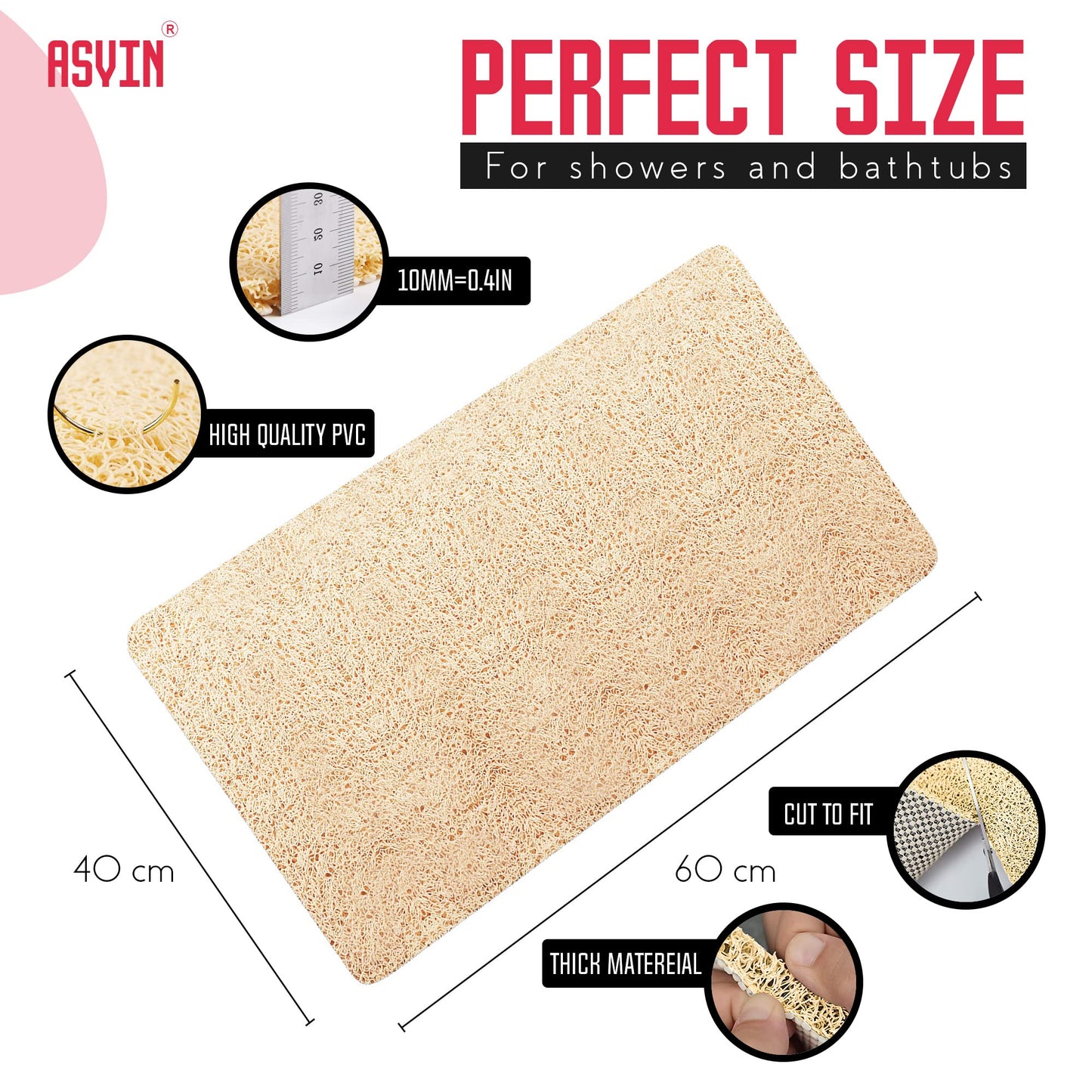 Asvin Soft Textured Anti Slip Bath & Shower Mat for Inside Shower & Wet Areas (40x60cm Beige) Phthalate Free Rubber Loofah Bathroom Mats for Slippery Surfaces Quick Dry Antibacterial & Mould Resistant 40cm x 60cm