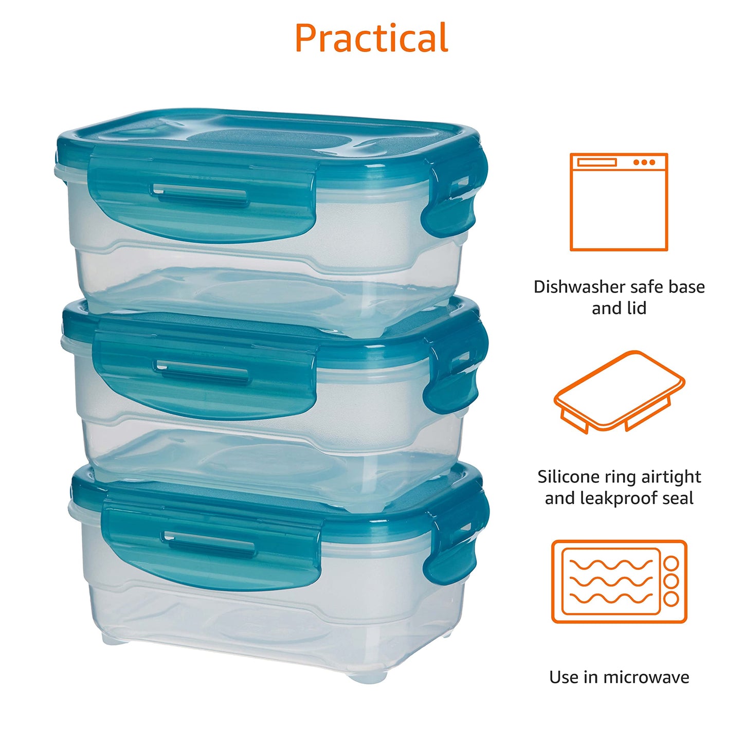 Amazon Basics Air-Locked 3-Piece Food-Storage Set, 3 x 0.6 Liter - Light Blue 0.6L