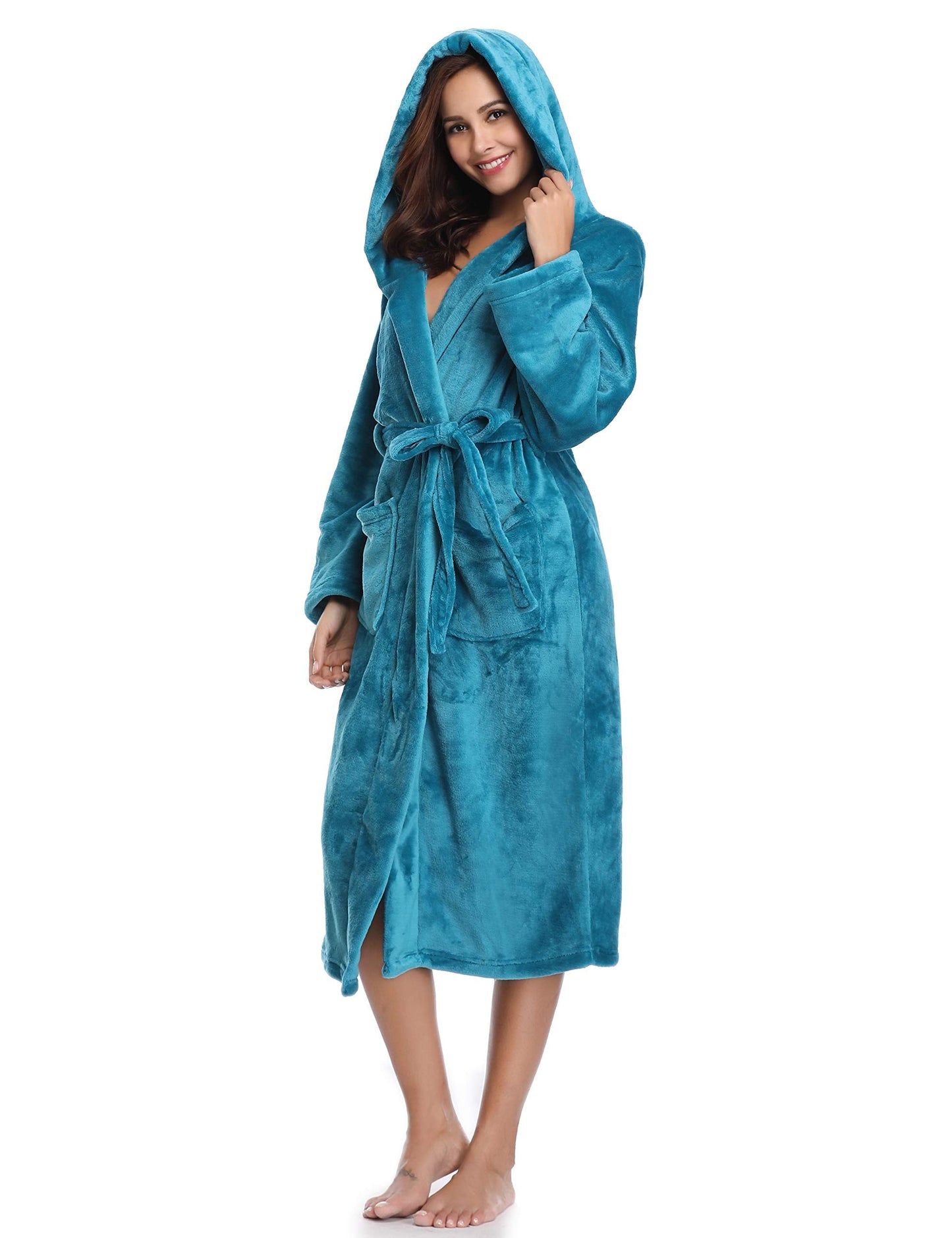 Vlazom Ladies Dressing Gown, Flannel Soft Robe Warm Fluffy Bathrobes with Hooded or Shawl Collar Long Robe for Cold Day Peacock Blue-with Hooded M