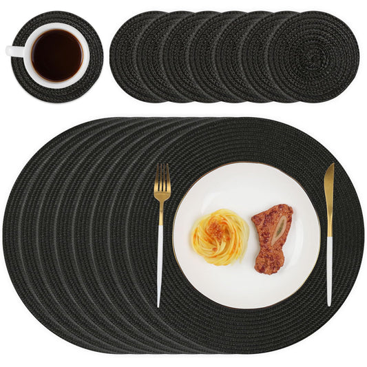 Homcomodar Round Table Place Mats with Coasters Set of 8 Black Heat Resistant Placemats Set Round Woven Table Mats for Dining/Kitchen Tables set of 8 placemats and coasters B-01-black