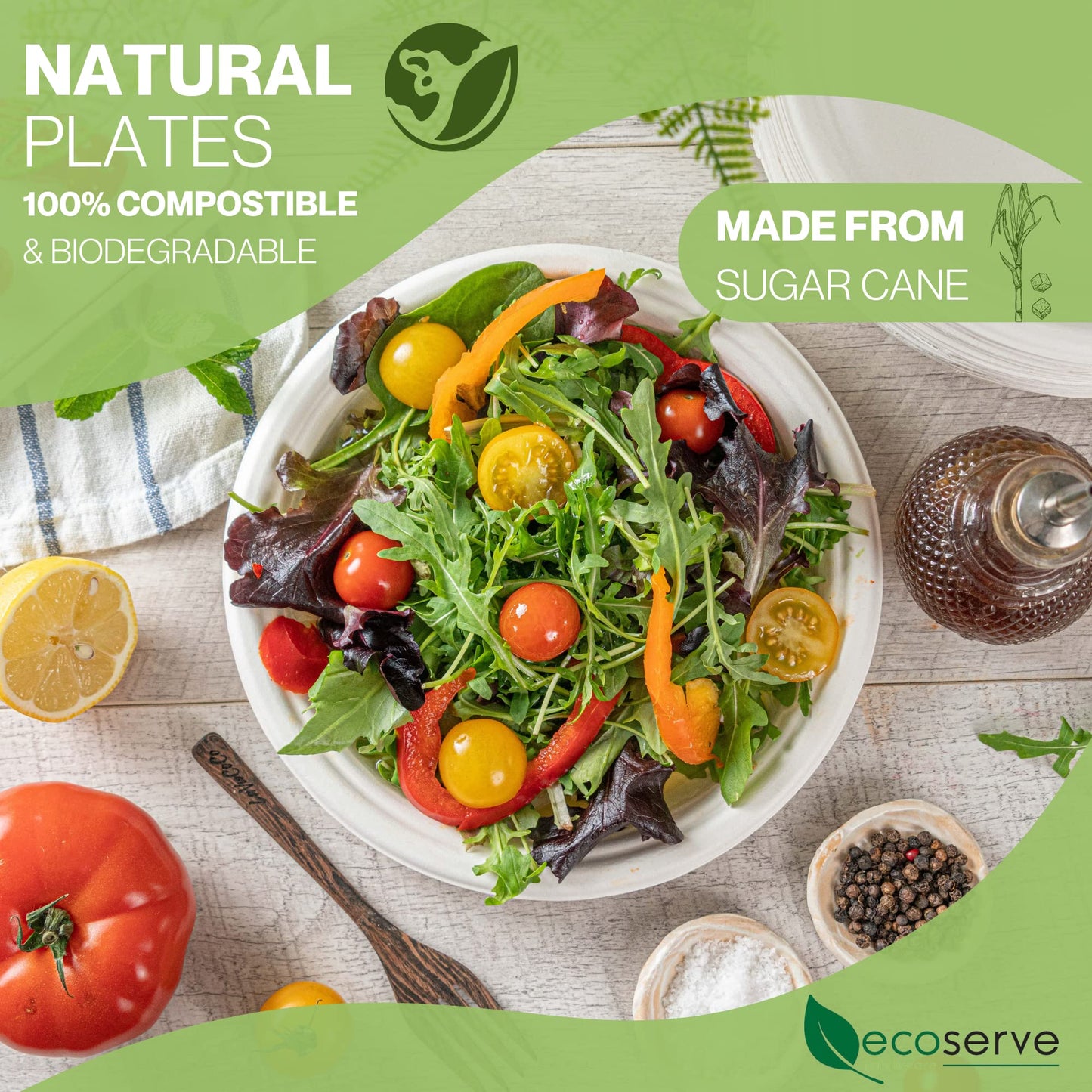 ecoserve tableware Paper Plates | White Bagasse Plates | Eco-Friendly, Biodegradable, and Compostable | Perfect for Picnics, BBQs, and Parties | 9 Inch 50 Plates