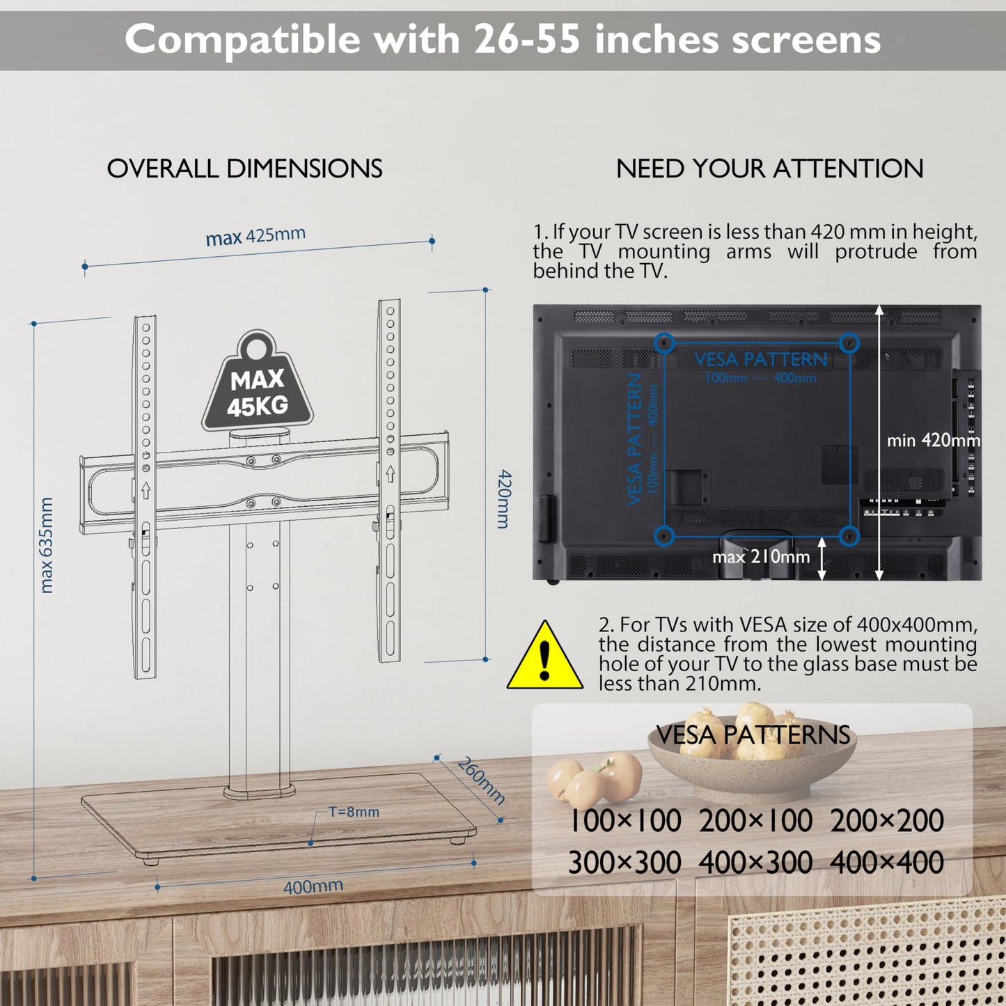 BONTEC Universal Table Top Pedestal TV Stand with Bracket for 26”-55” LCD/LED/Plasma TVs-Height Adjustable stand with 8mm Tempered Glass Base & Cable Management-Holds 40 KG & Max.VESA 400x400mm Black