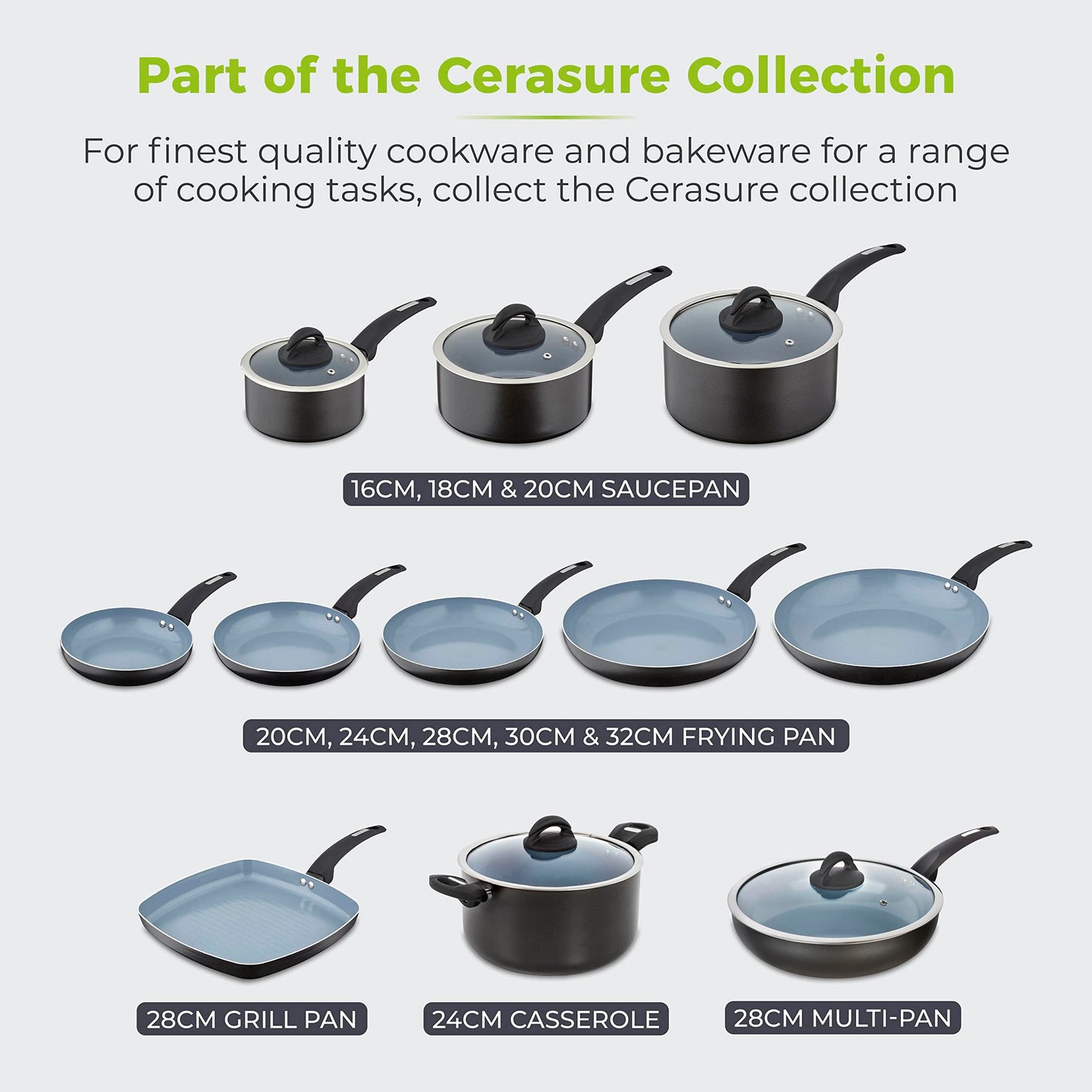 Tower T80302 Cerasure 3 Piece Saucepan Set with Non-Stick Coating, Suitable for All Hob Types Including Induction, 16/18/20cm, Graphite 3 Piece Set