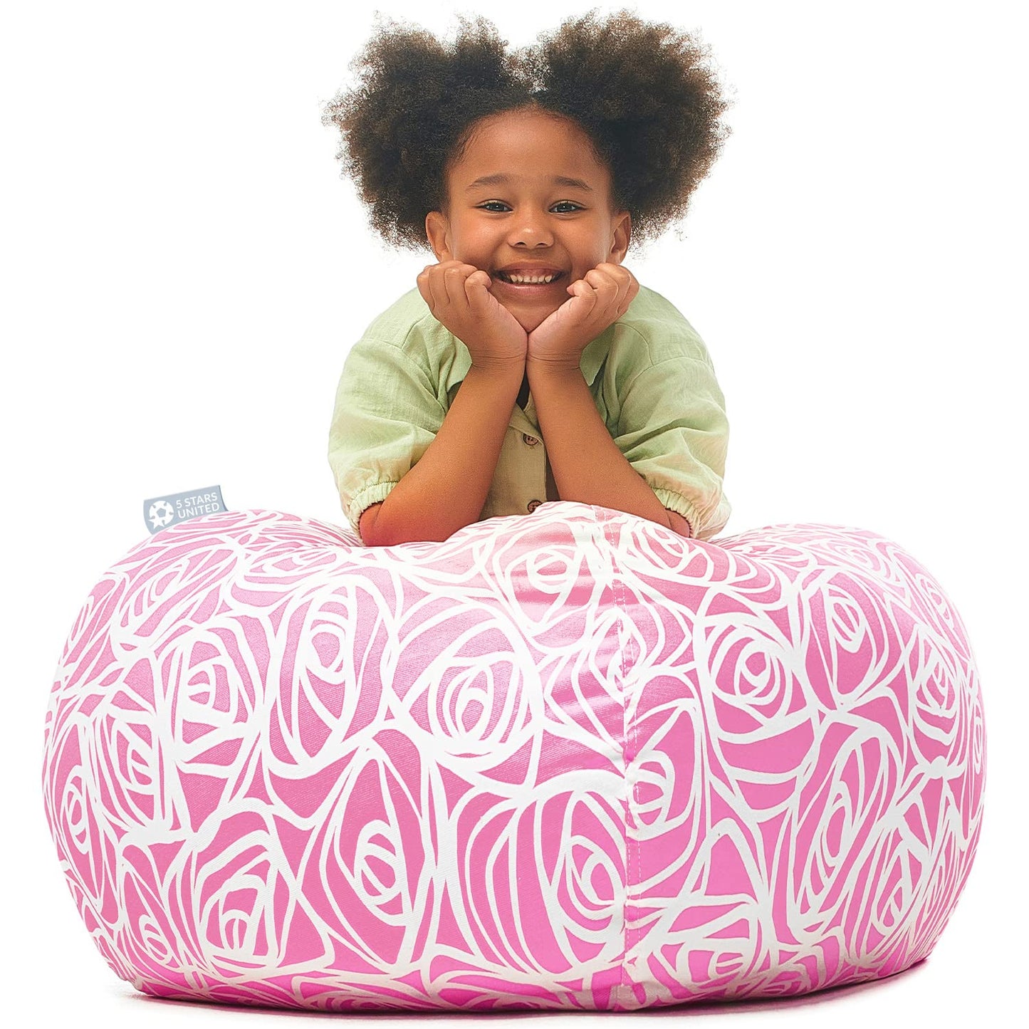 5 STARS UNITED Kids Bean Bag - COVER ONLY - Stuffed Animal Storage - Beanbag Chairs for Kids - 90+ Teddy Plush Toys Holder and Organiser for Girls - 100% Cotton Canvas - Pink Roses