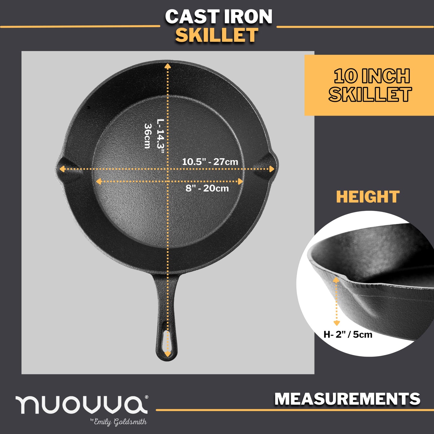 nuovva Pre-Seasoned Cast Iron Skillet Frying Pan Oven Safe Cookware for Indoor & Outdoor Use - Grill, StoveTop, Black (10inch - 25cm) 10 inch