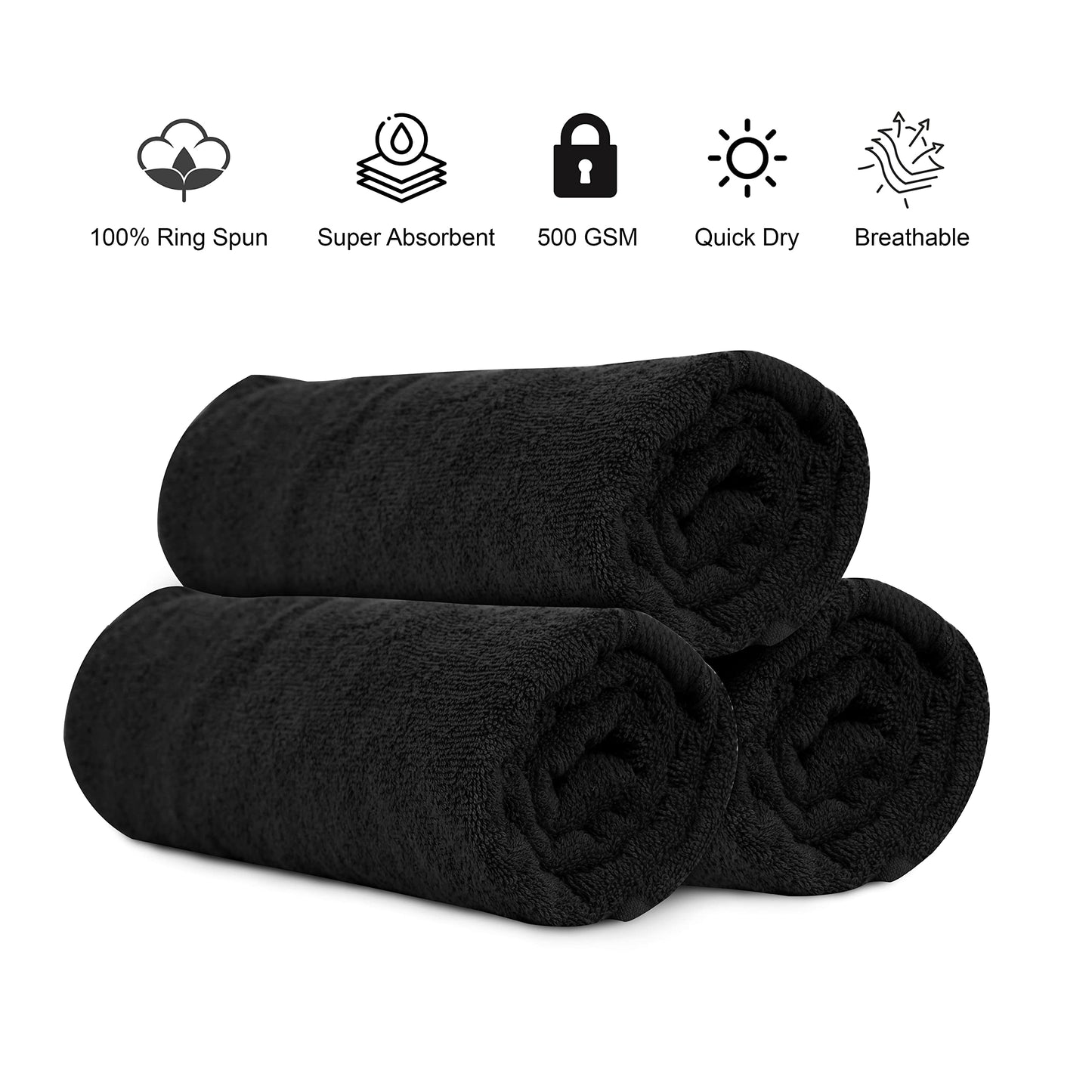 Casabella Pack of 3 Super Jumbo Extra Large Bath Sheet Towels100% Cotton 90cm x 180cm_Black Black